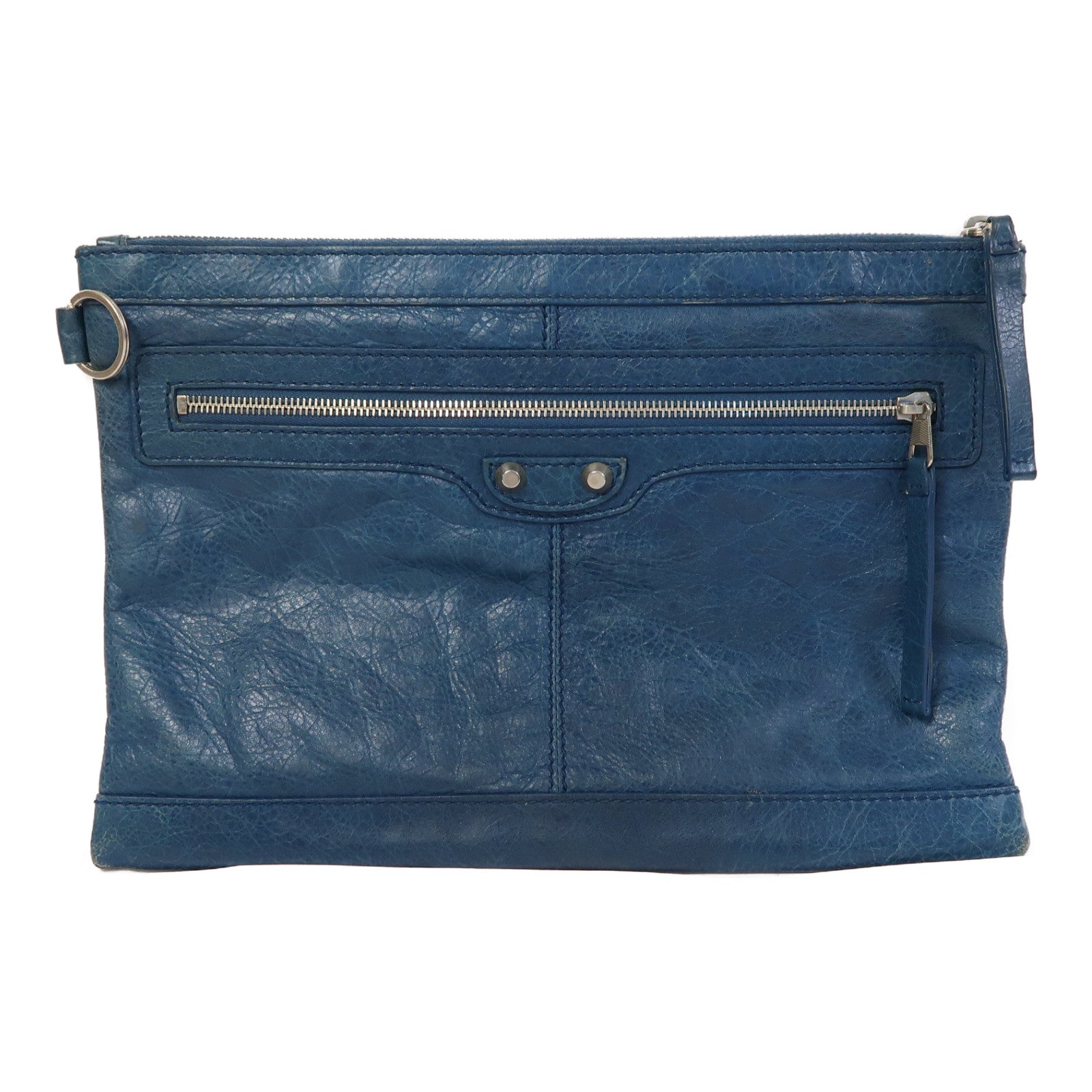 BALENCIAGA 牛皮皮革Clutch Bag銀扣手拿包藍色