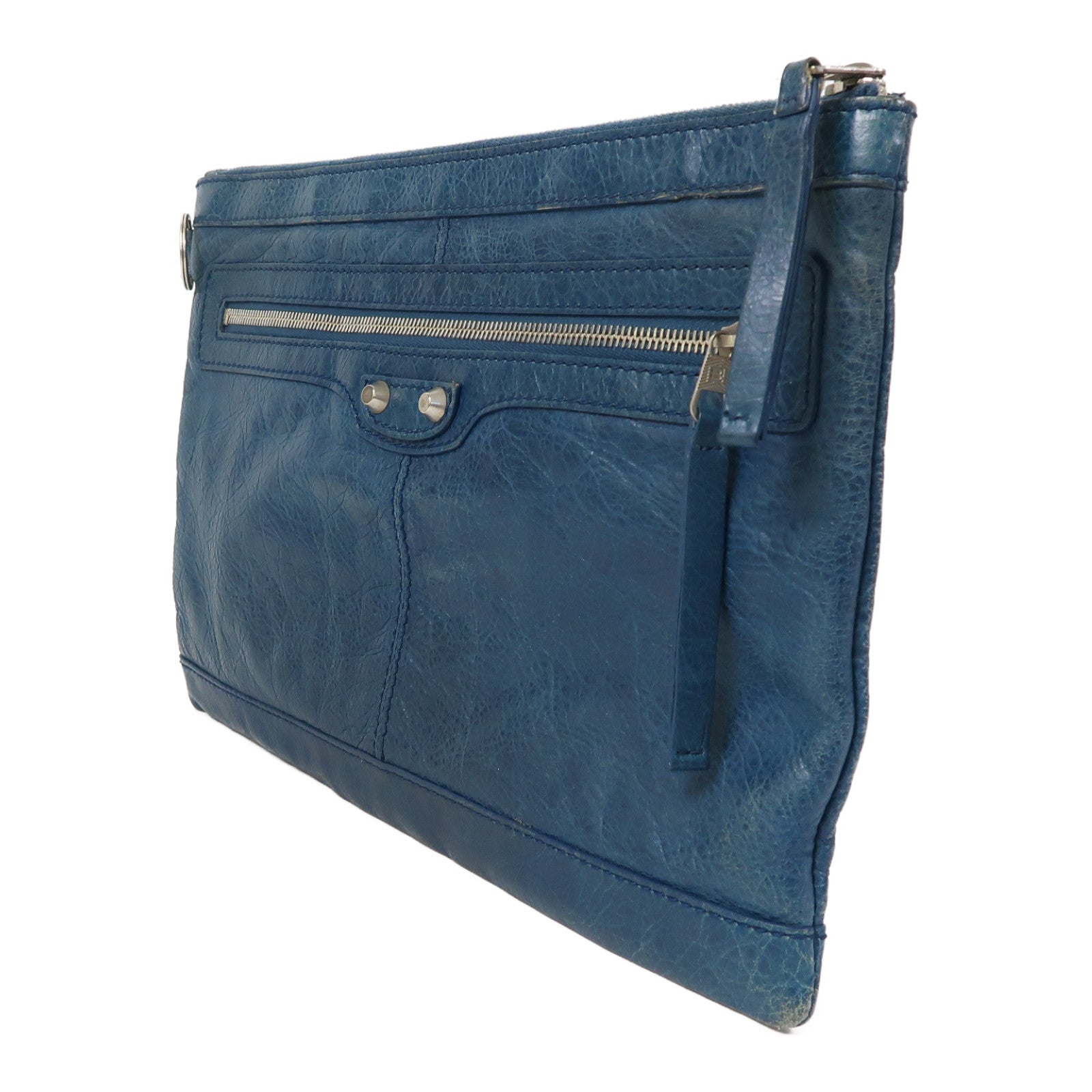 BALENCIAGA 牛皮皮革Clutch Bag銀扣手拿包藍色
