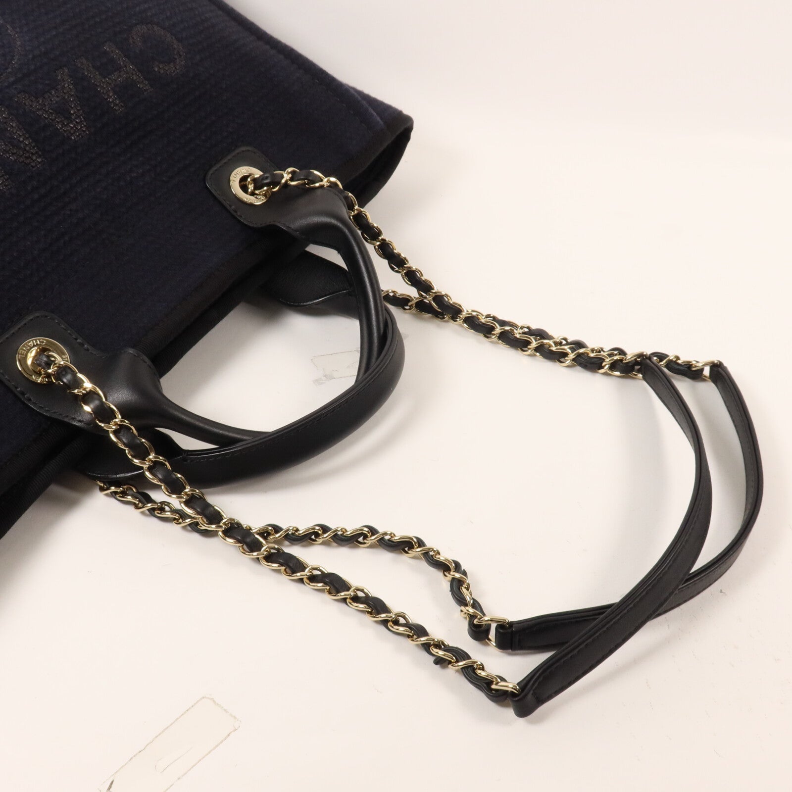 CHANEL 帆布Deauville MM鏈帶手挽肩背兩用袋