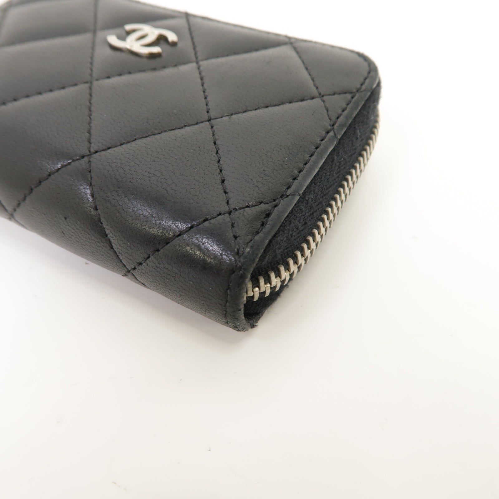 CHANEL 菱格羊皮皮革Card Case銀扣卡片套黑色