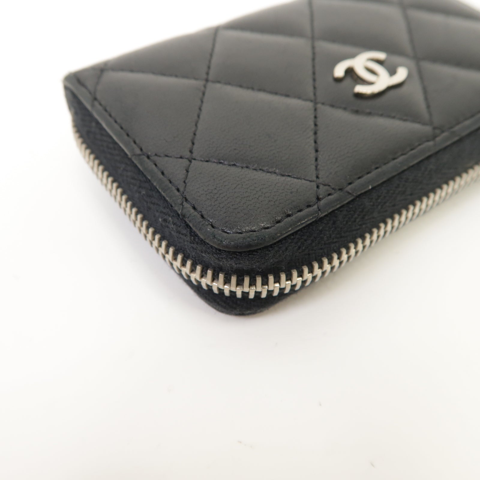 CHANEL 菱格羊皮皮革Card Case銀扣卡片套黑色