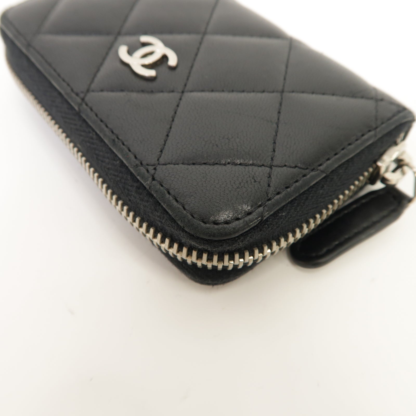 CHANEL 菱格羊皮皮革Card Case銀扣卡片套黑色