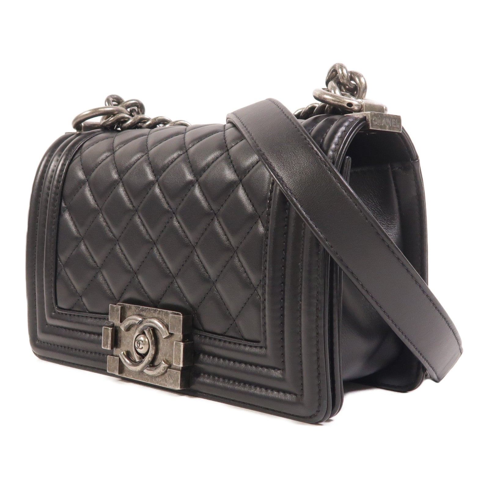 CHANEL 羊皮皮革Boy 20銀扣鏈帶肩背袋