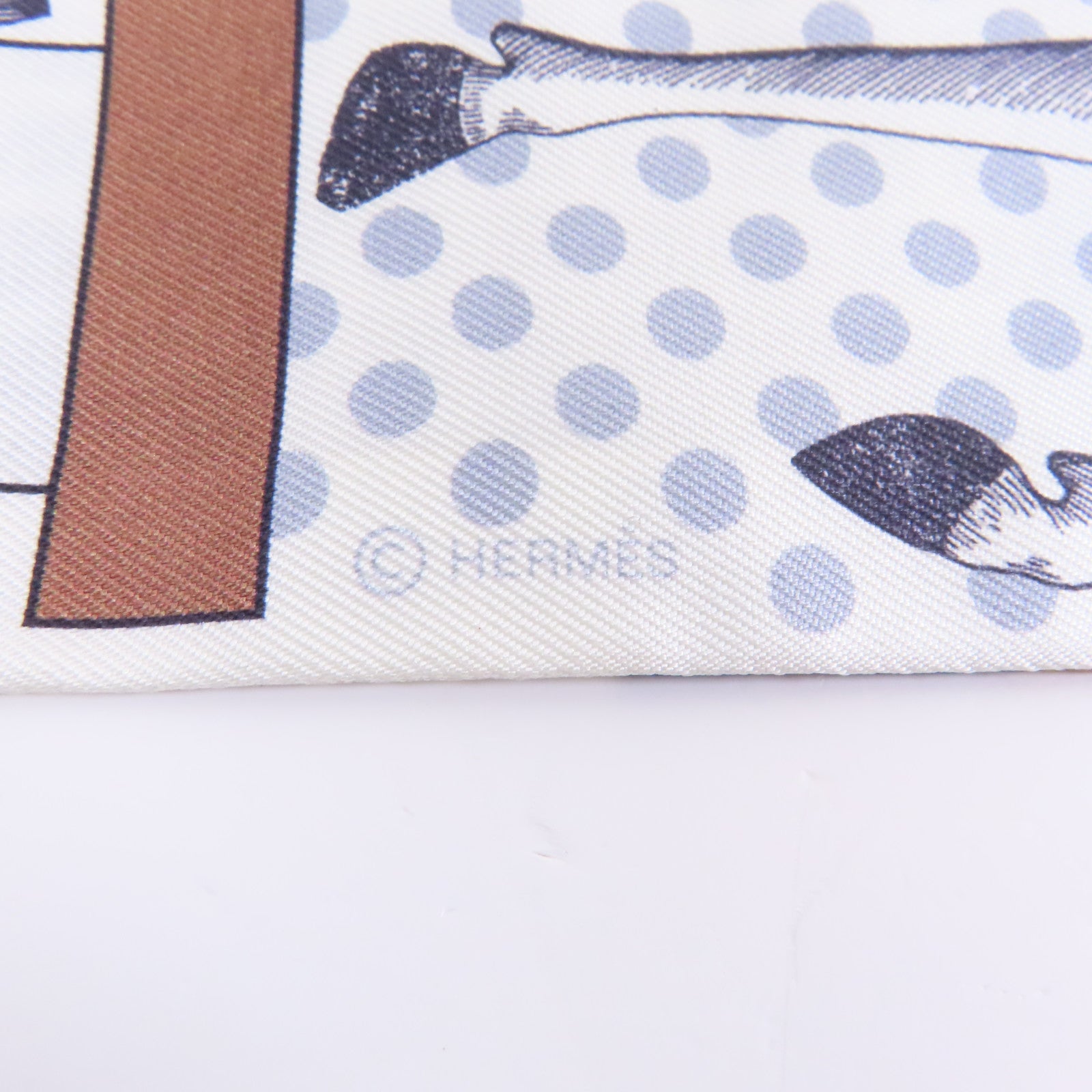 HERMES 絲質Twilly絲巾白色/灰色/棕色