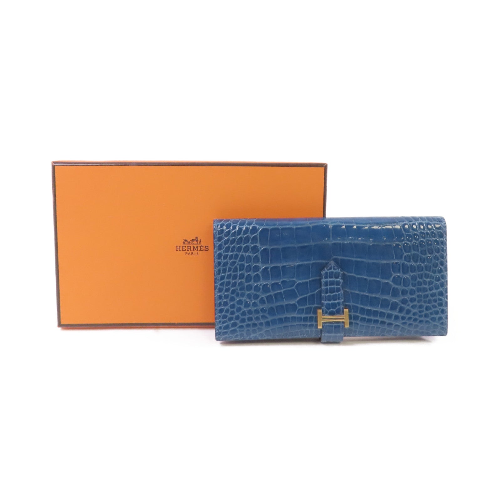 HERMES 鱷魚皮革Bearn bi-fold Long wallet金扣長錢包藍色