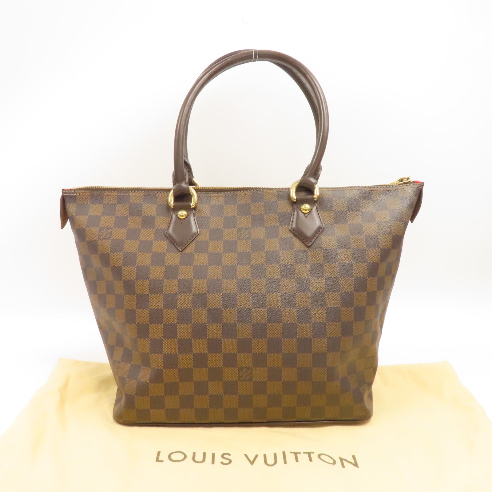 LOUIS VUITTON Damier Ebene Saleya MM金扣肩背袋棕色