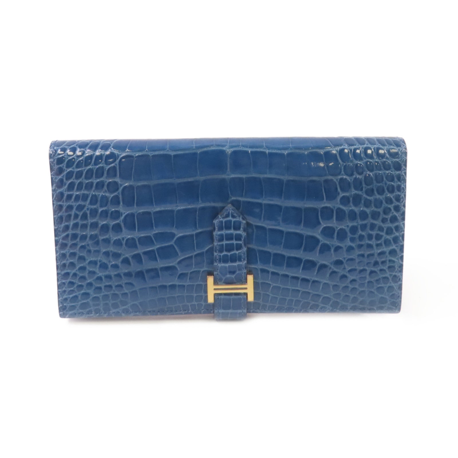 HERMES 鱷魚皮革Bearn bi-fold Long wallet金扣長錢包藍色