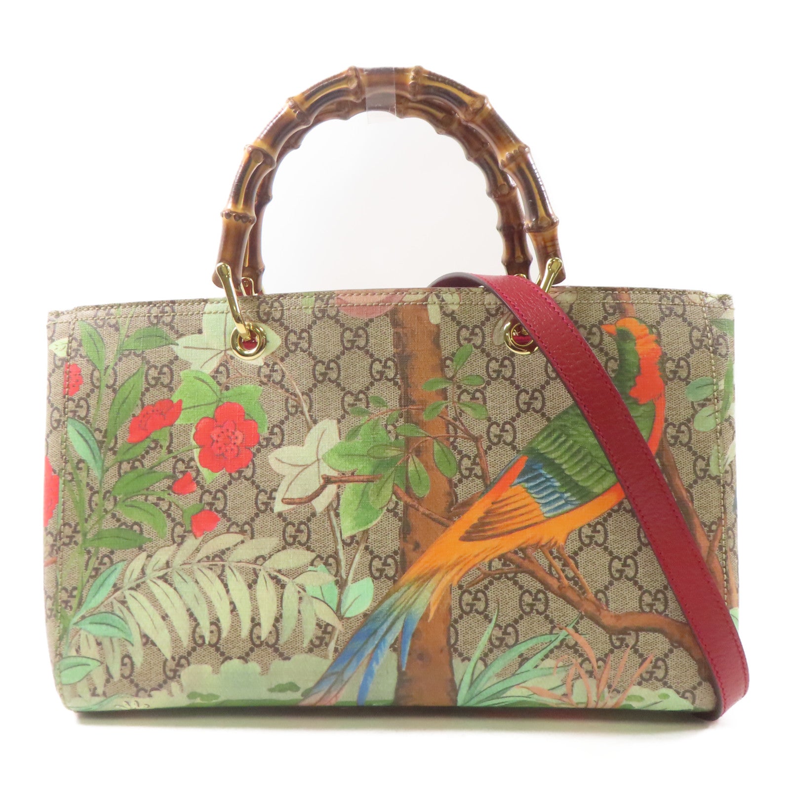 GUCCI 塗層帆布/皮革Bamboo Shopper金扣手挽肩背兩用袋棕色/紅色