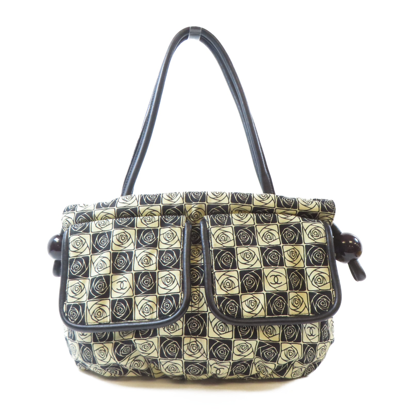CHANEL 【激減優惠】布料Shoulder Bag銀扣肩背袋黑色/米色