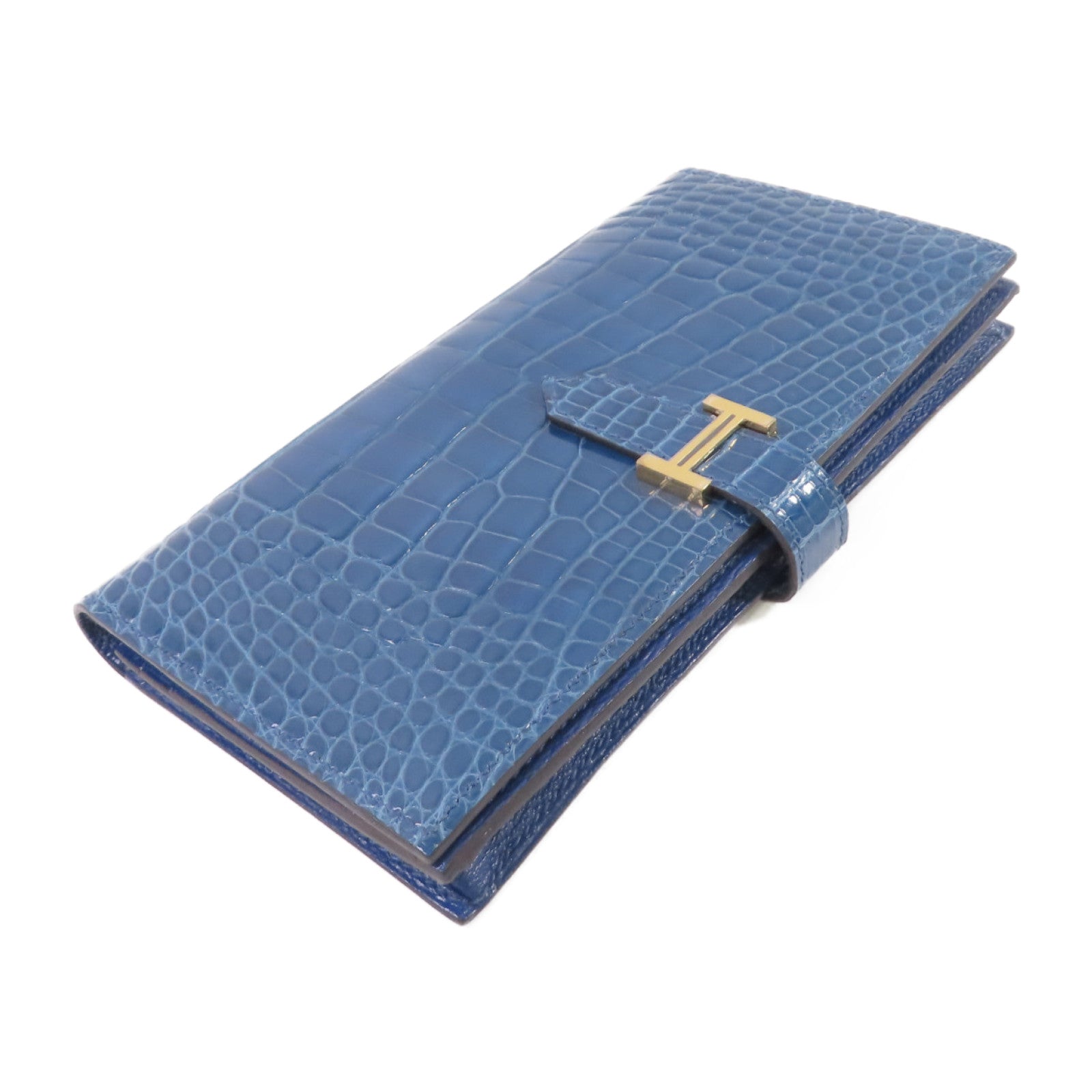 HERMES 鱷魚皮革Bearn bi-fold Long wallet金扣長錢包藍色