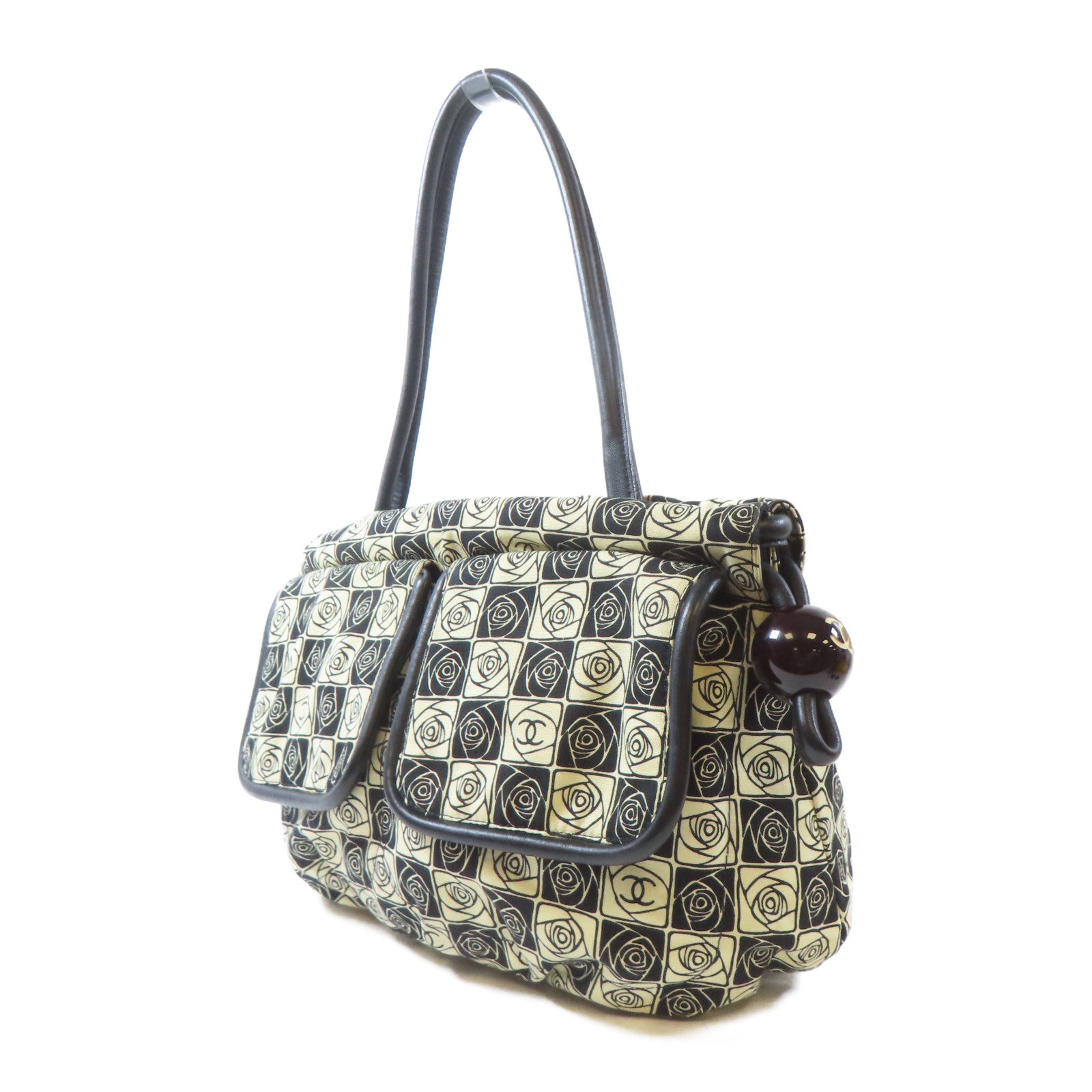CHANEL 【激減優惠】布料Shoulder Bag銀扣肩背袋黑色/米色