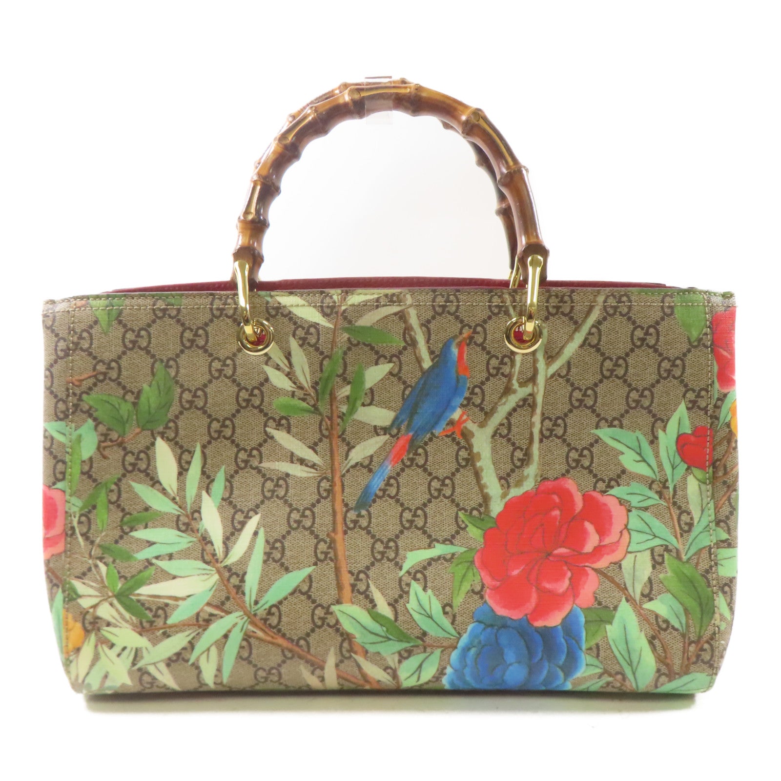GUCCI 塗層帆布/皮革Bamboo Shopper金扣手挽肩背兩用袋棕色/紅色