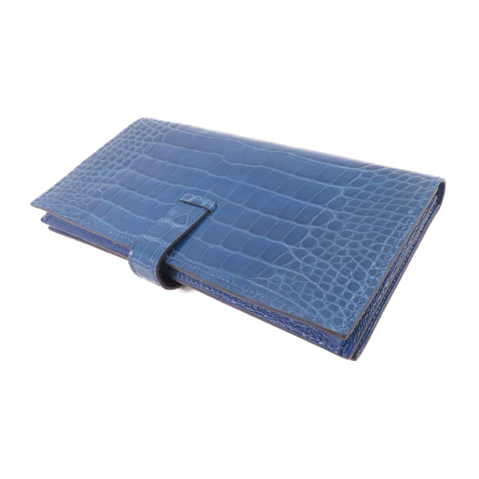 HERMES 鱷魚皮革Bearn bi-fold Long wallet金扣長錢包藍色
