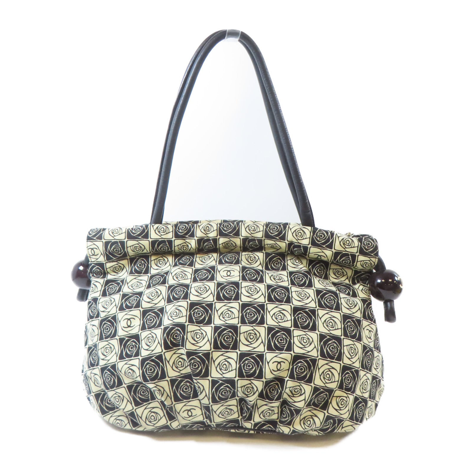 CHANEL 【激減優惠】布料Shoulder Bag銀扣肩背袋黑色/米色