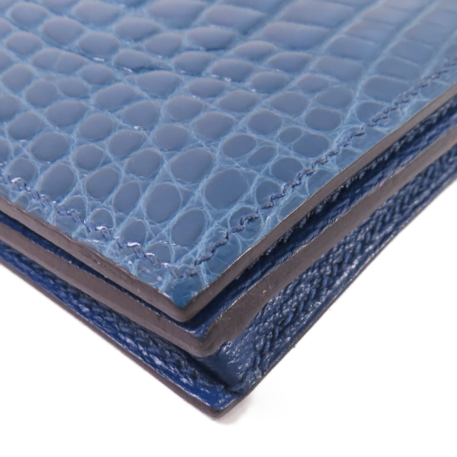 HERMES 鱷魚皮革Bearn bi-fold Long wallet金扣長錢包藍色