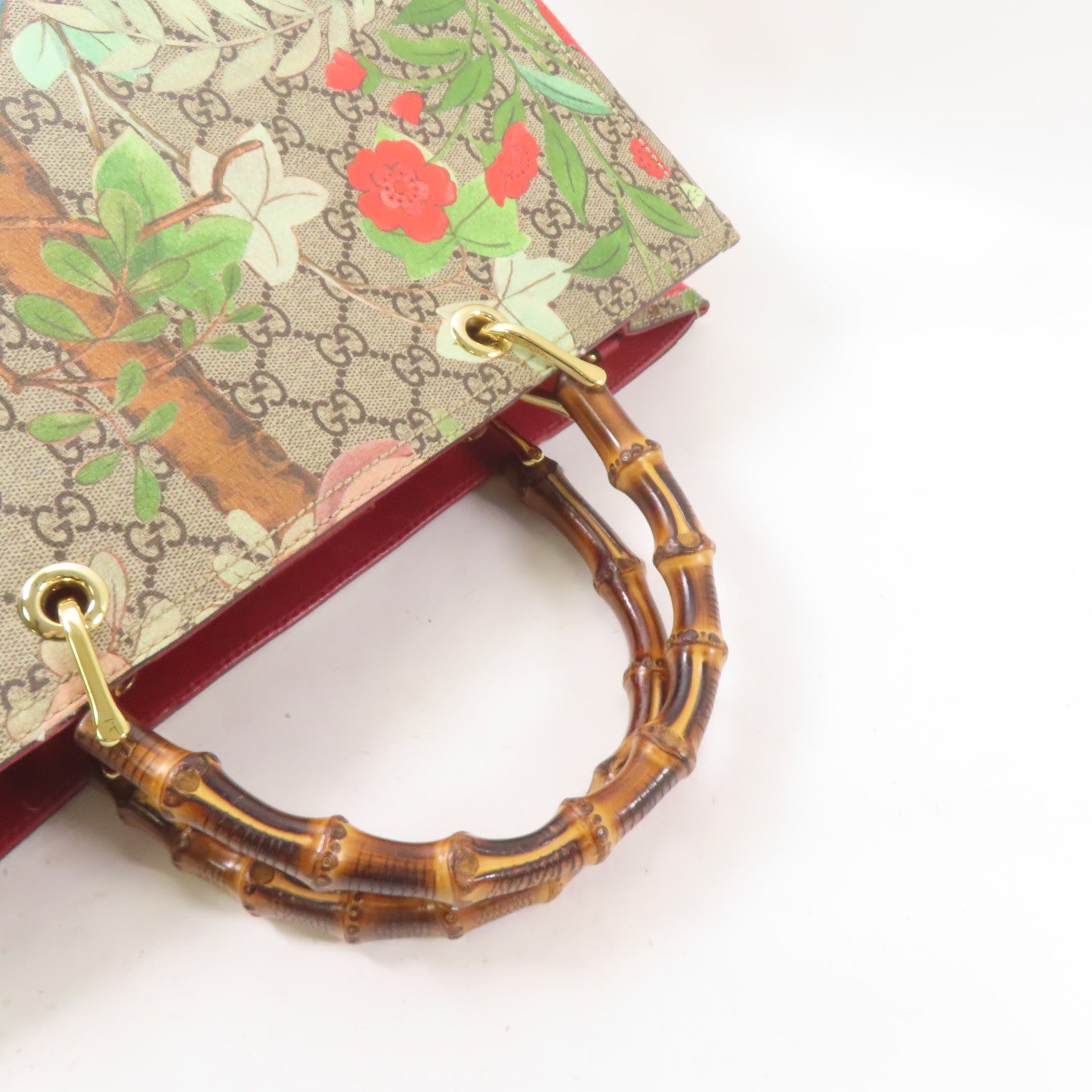 GUCCI 塗層帆布/皮革Bamboo Shopper金扣手挽肩背兩用袋棕色/紅色