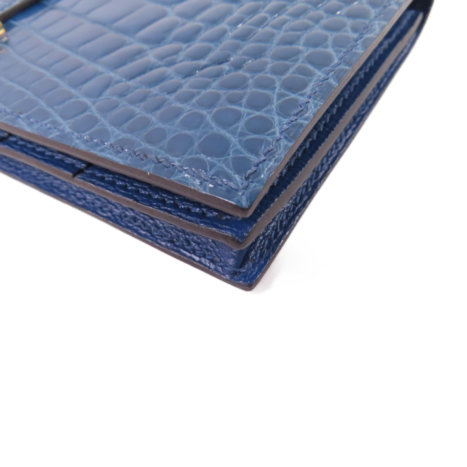 HERMES 鱷魚皮革Bearn bi-fold Long wallet金扣長錢包藍色