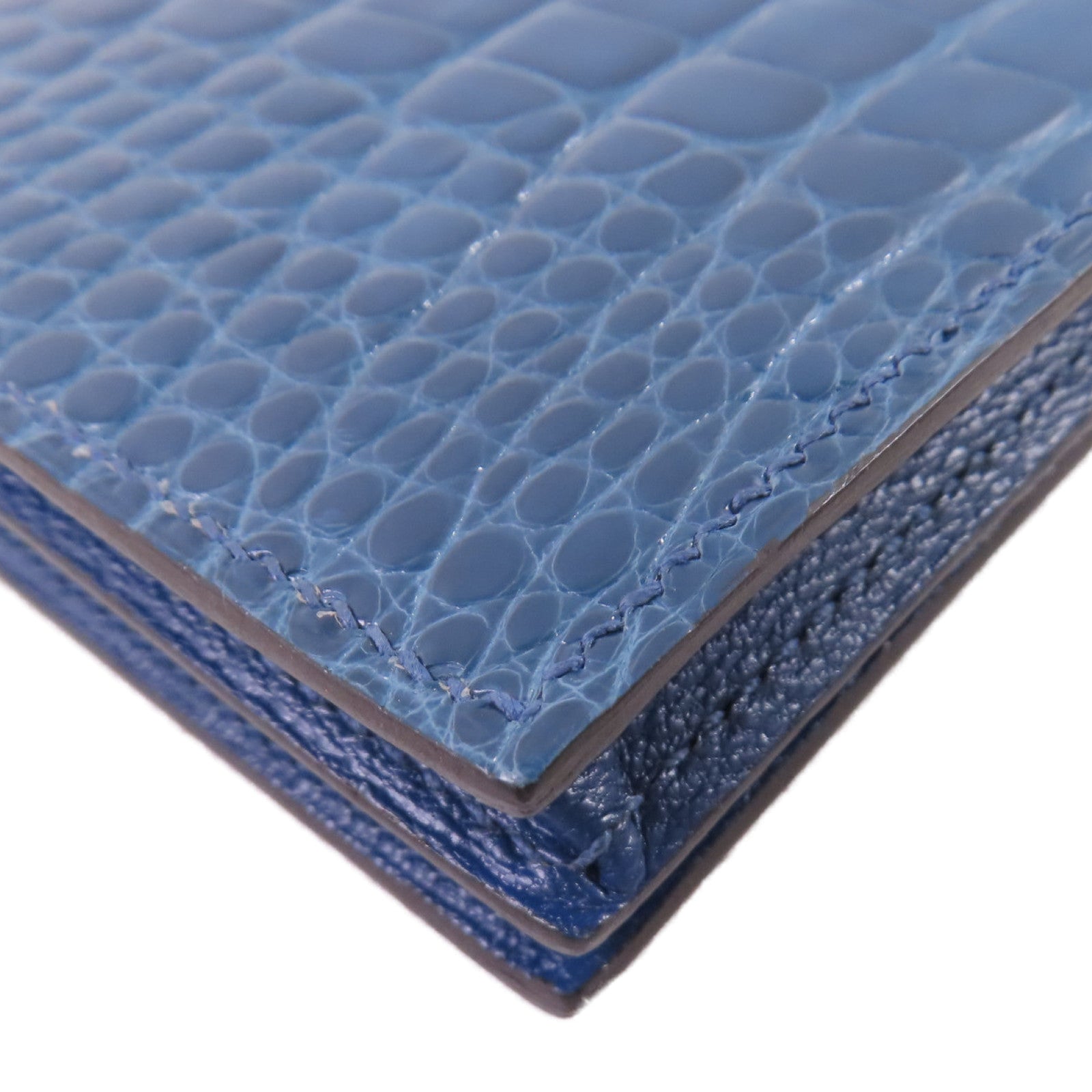 HERMES 鱷魚皮革Bearn bi-fold Long wallet金扣長錢包藍色
