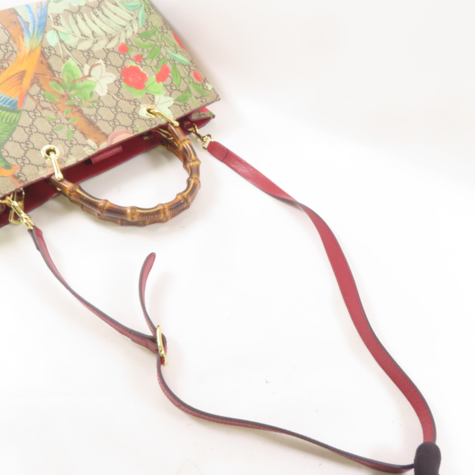 GUCCI 塗層帆布/皮革Bamboo Shopper金扣手挽肩背兩用袋棕色/紅色