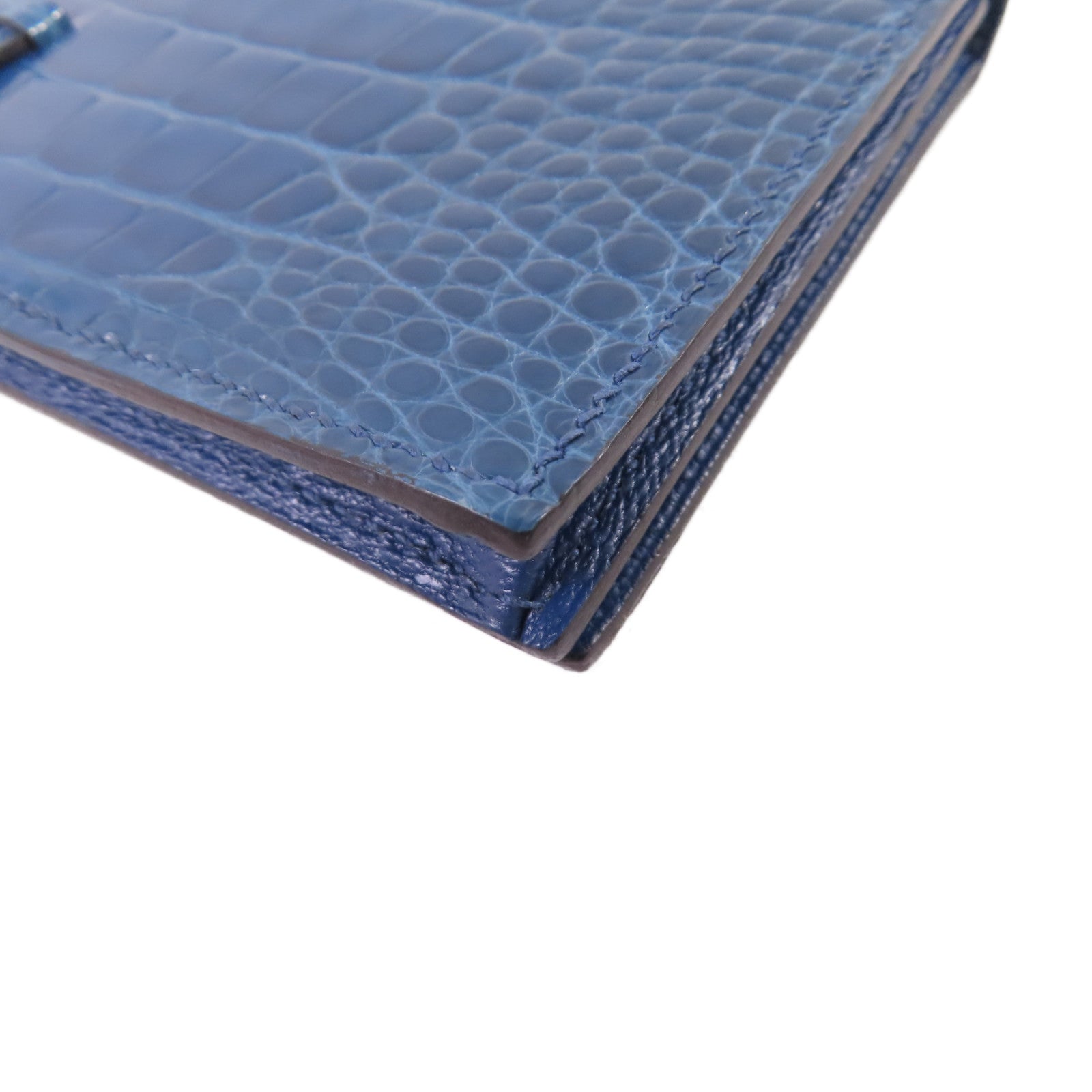 HERMES 鱷魚皮革Bearn bi-fold Long wallet金扣長錢包藍色