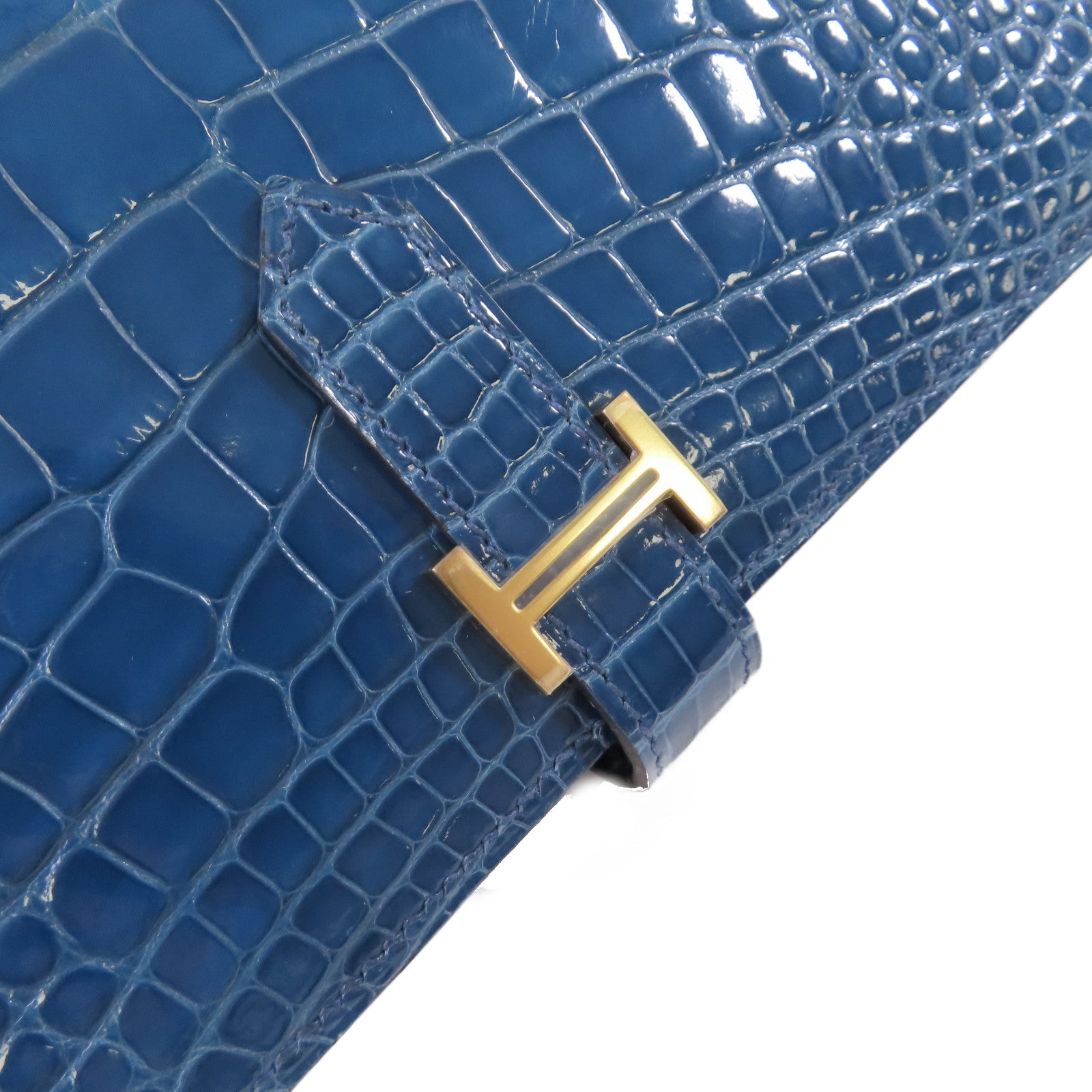 HERMES 鱷魚皮革Bearn bi-fold Long wallet金扣長錢包藍色