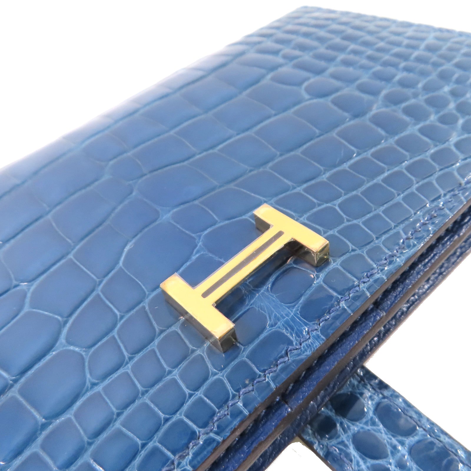 HERMES 鱷魚皮革Bearn bi-fold Long wallet金扣長錢包藍色