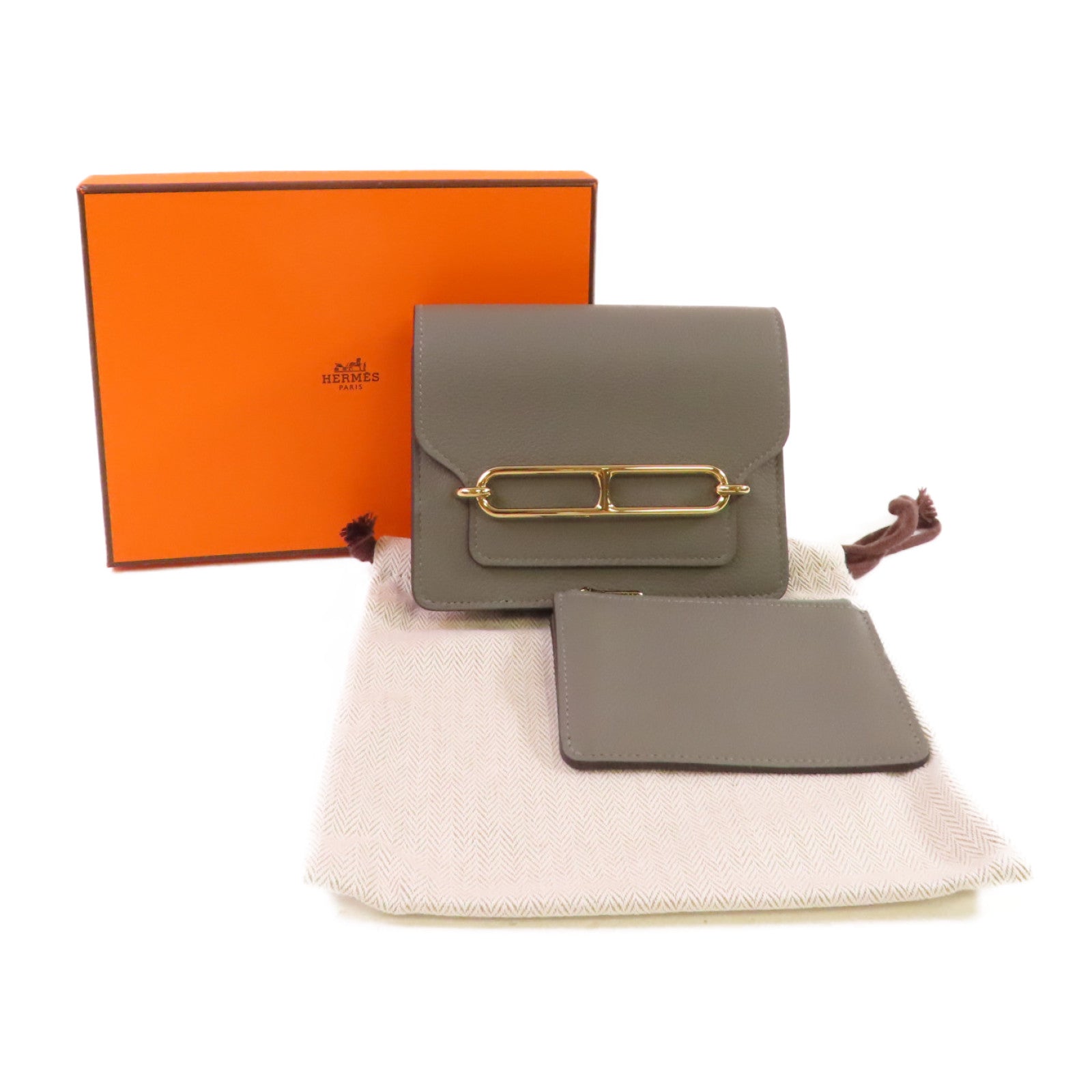 HERMES Evercolor皮革Roulis Slim Belt Wallet金扣短錢包Gris Meyer積雨雲灰色