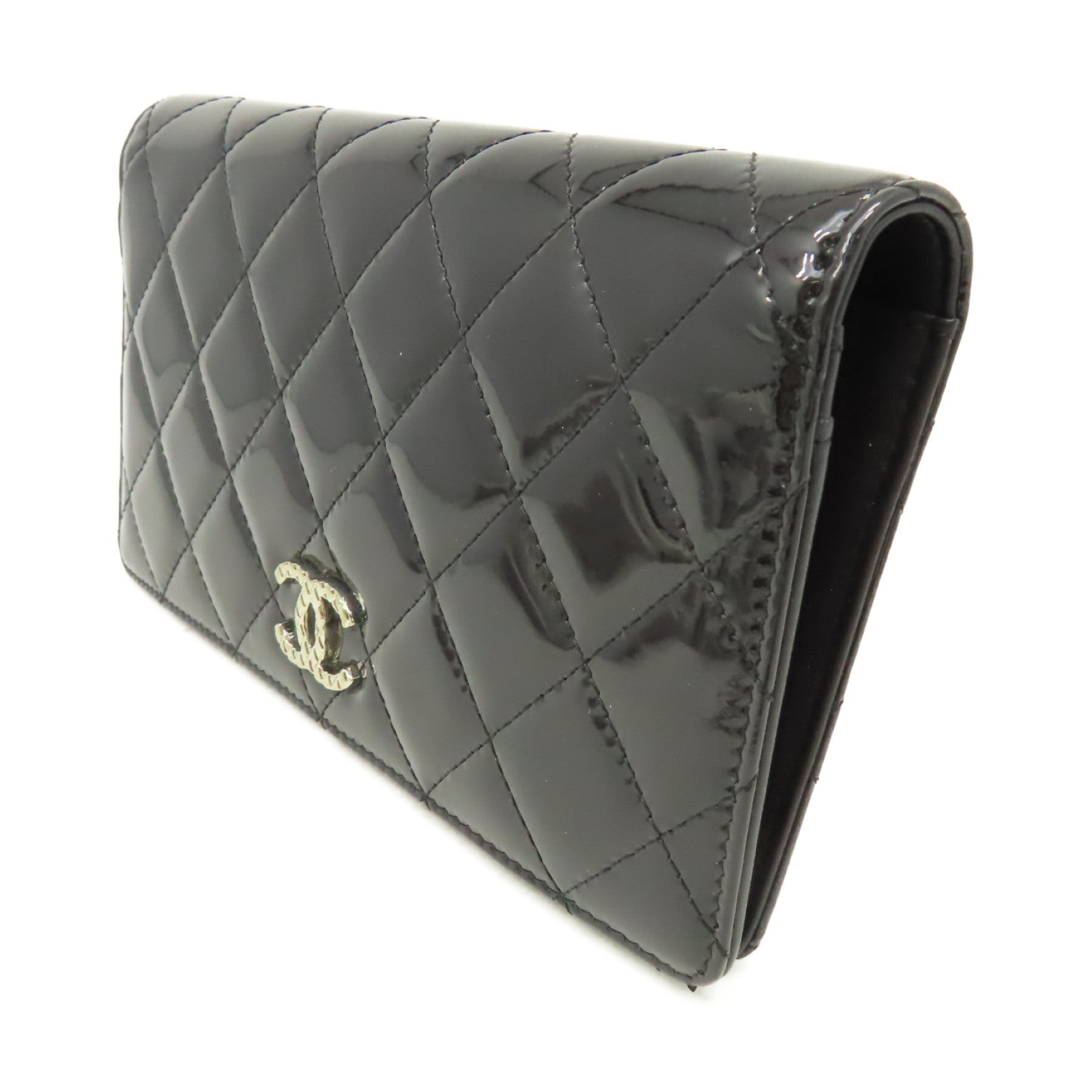 CHANEL 菱格漆皮皮革Long Wallet金扣長錢包黒色
