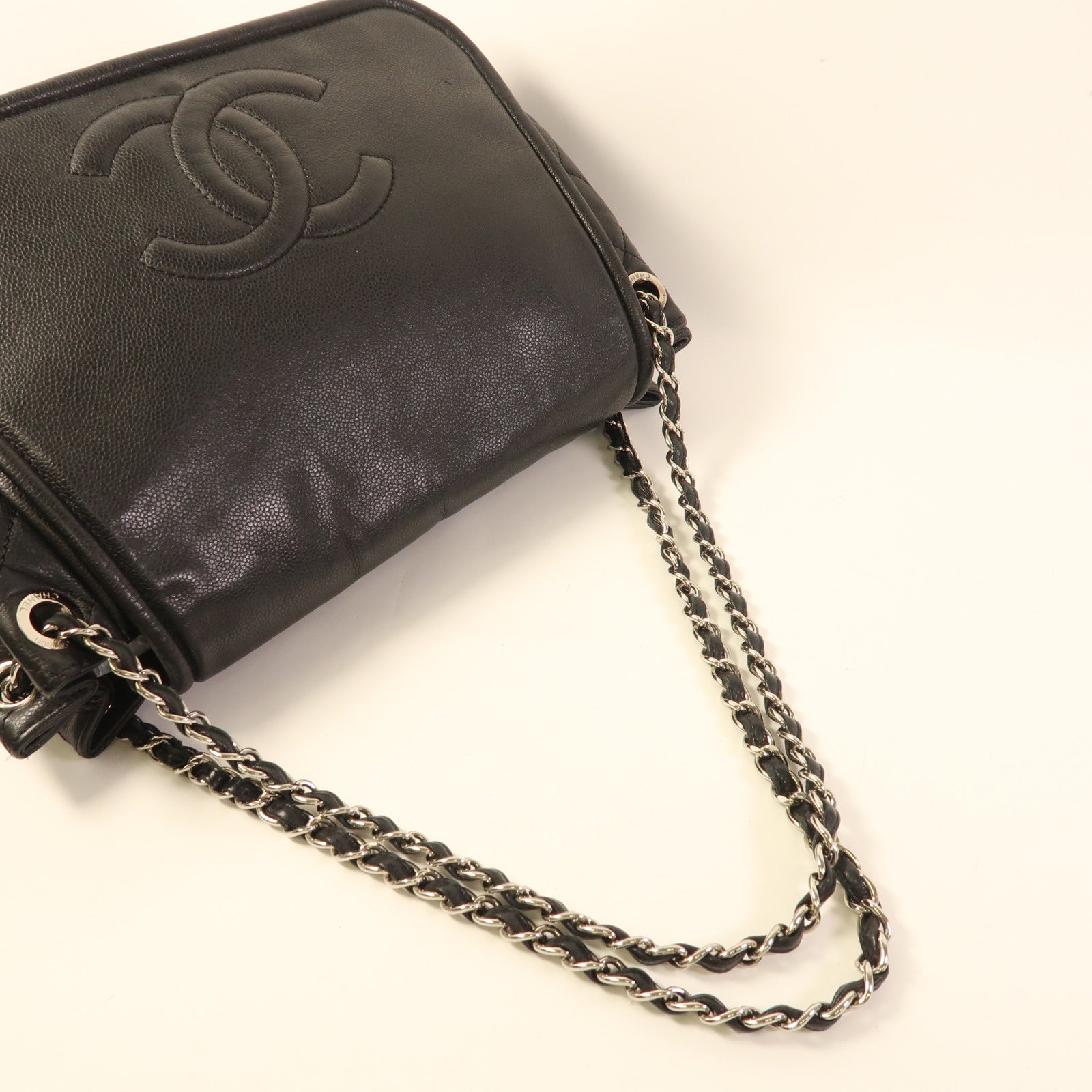 CHANEL 牛皮皮革Chain Shoulder銀扣鏈帶肩背袋