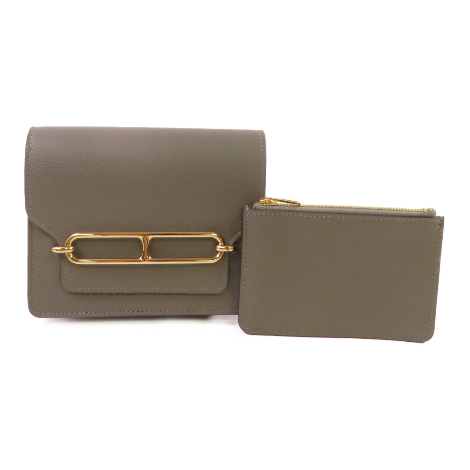 HERMES Evercolor皮革Roulis Slim Belt Wallet金扣短錢包Gris Meyer積雨雲灰色