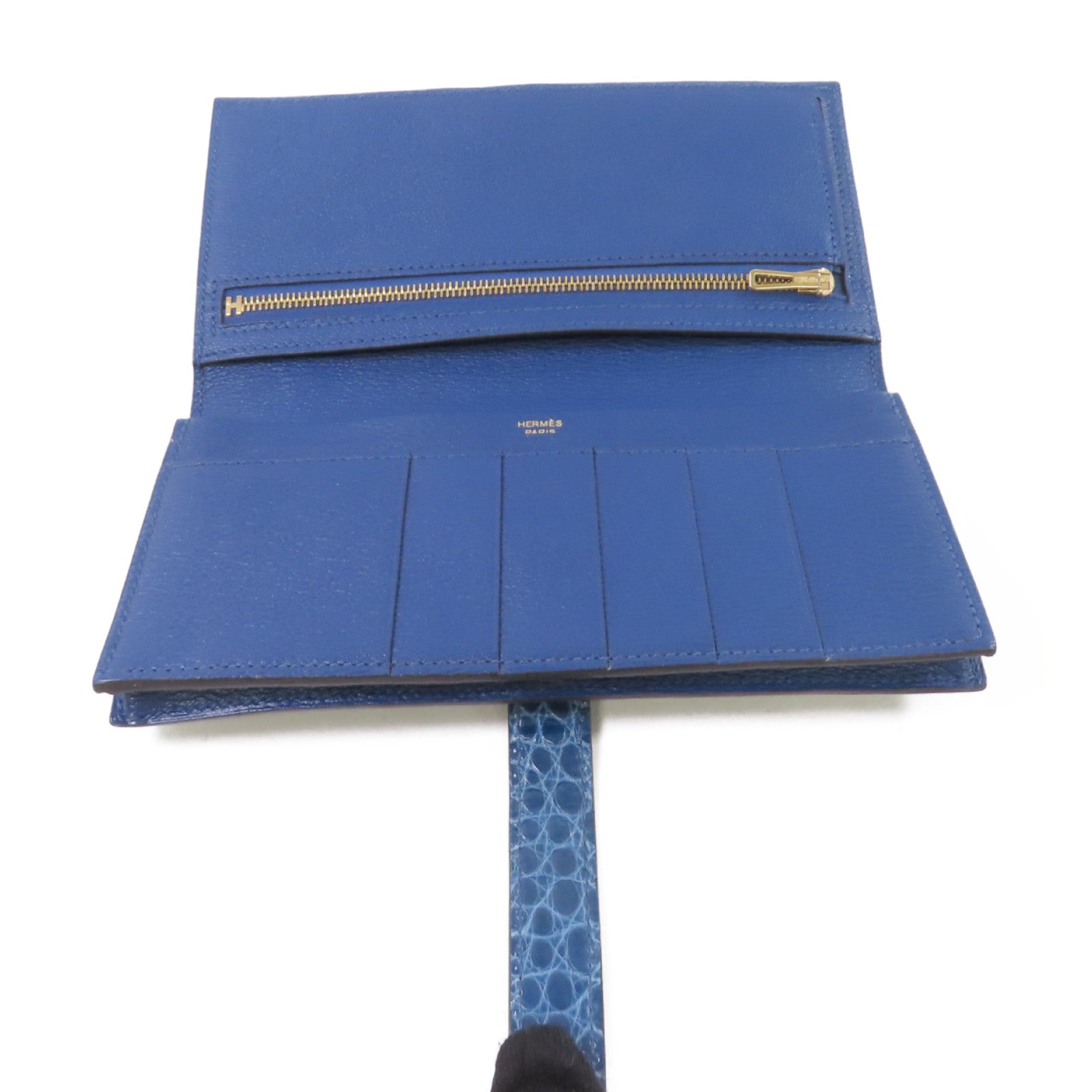 HERMES 鱷魚皮革Bearn bi-fold Long wallet金扣長錢包藍色