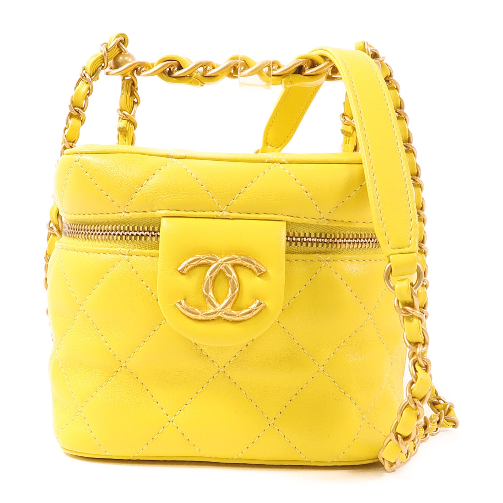CHANEL CC GHW Chain Shoulder Bag Calfskin Leather Yellow