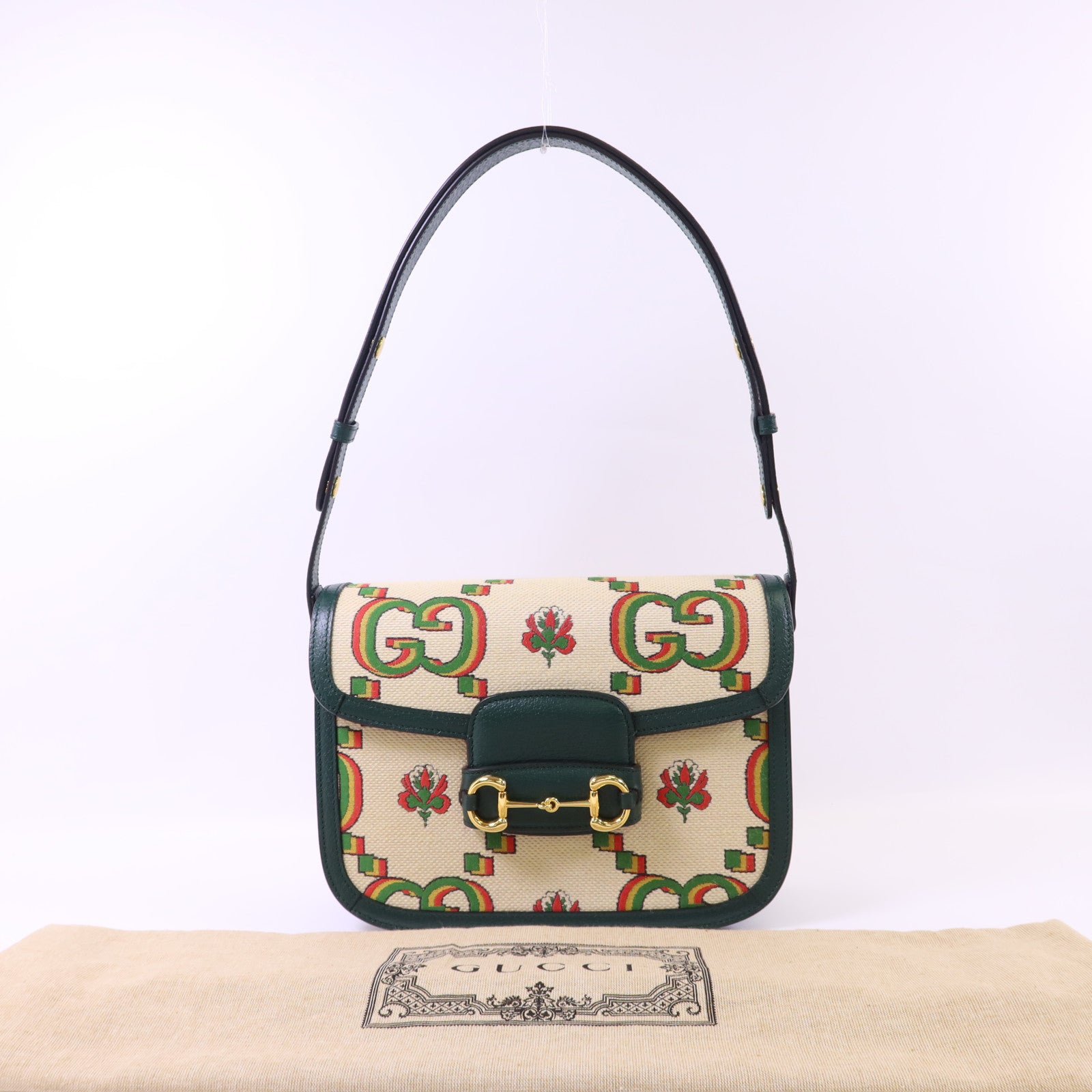 GUCCI 帆布Horsebit 1955 Medium金扣肩背袋