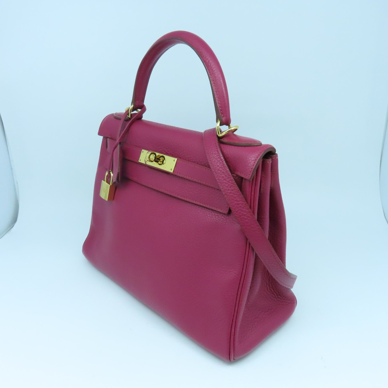 HERMES Clemence皮革Kelly 28金扣手挽袋Rubis红色