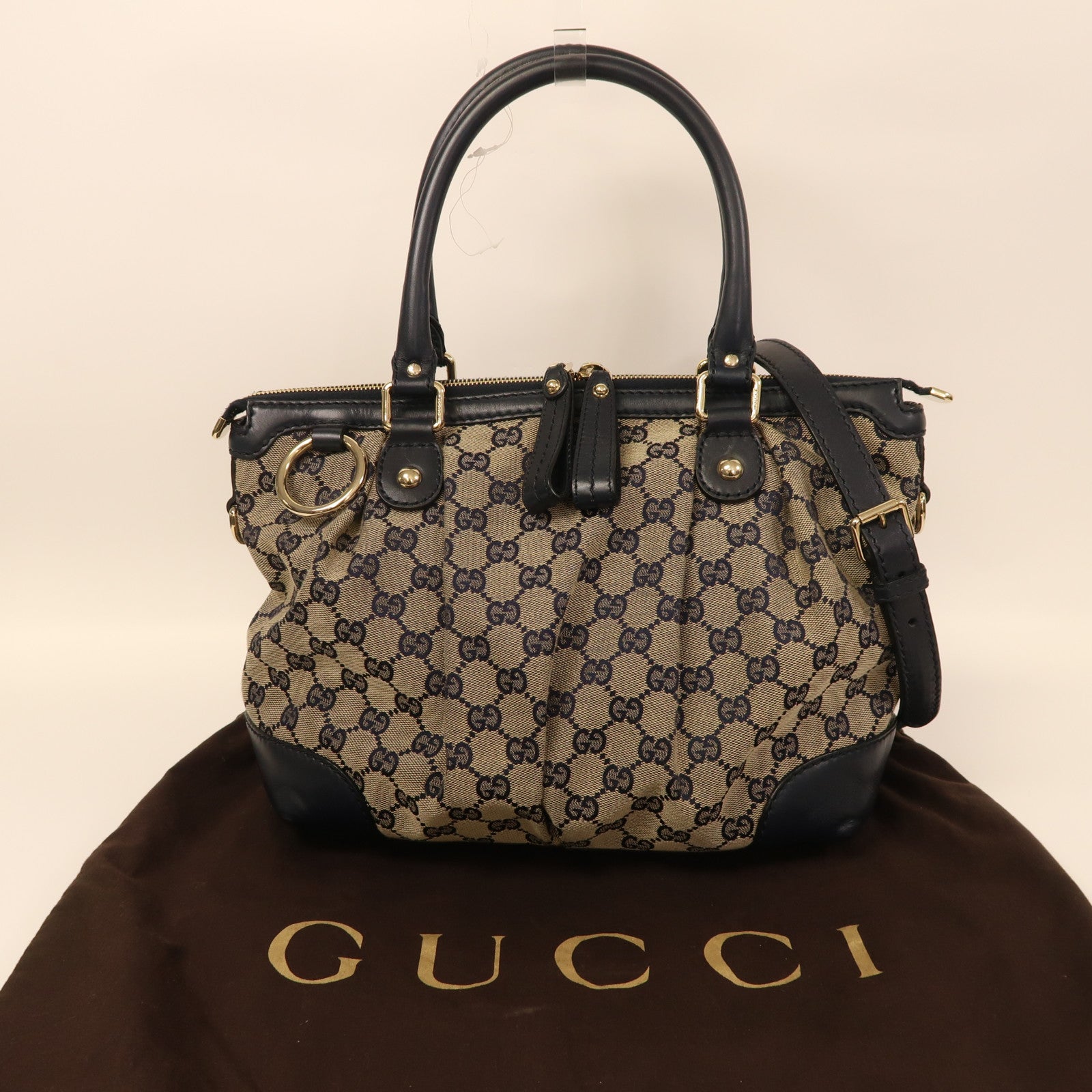 GUCCI 帆布2 Way Shoulder金扣手挽肩背兩用袋米色/藍色