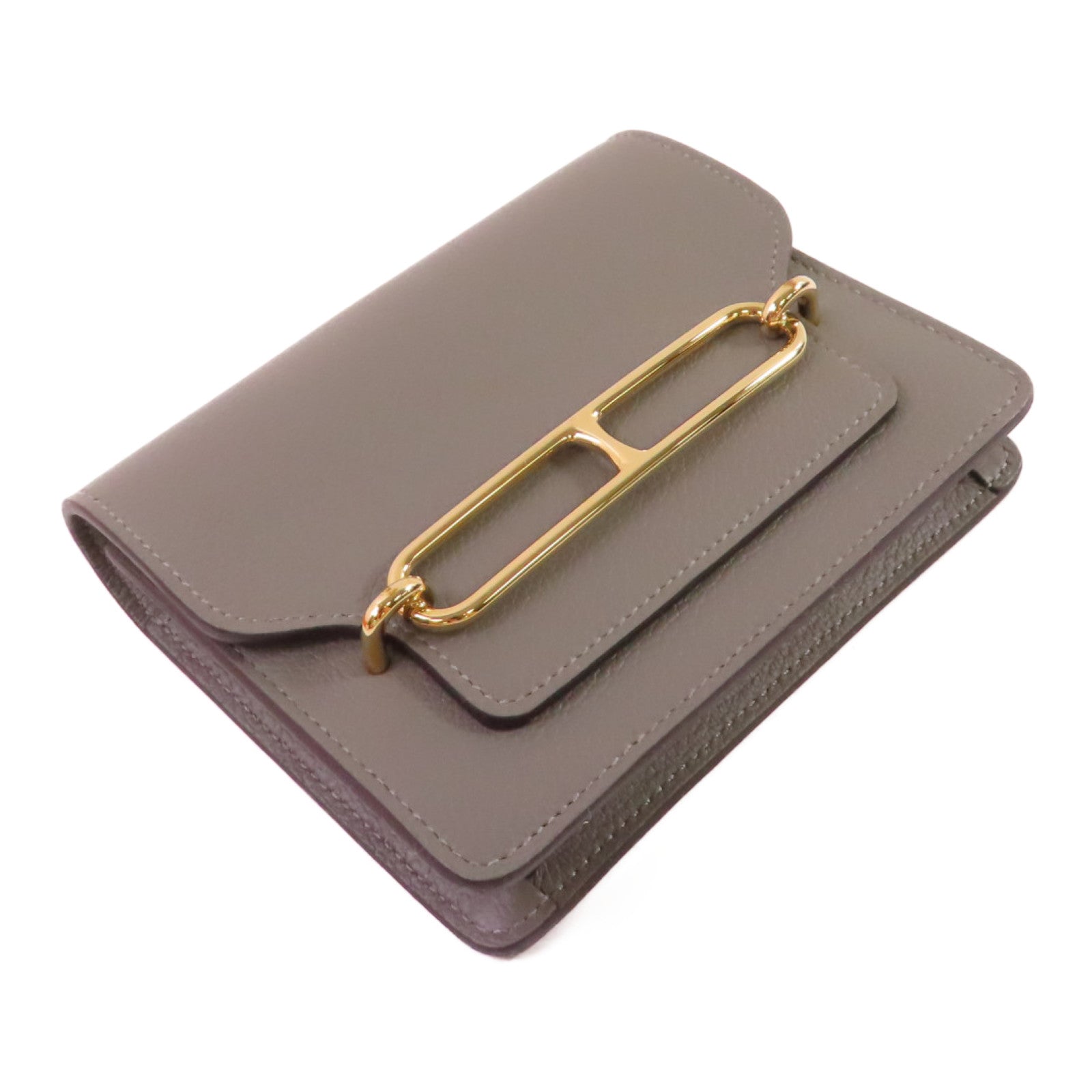 HERMES Evercolor皮革Roulis Slim Belt Wallet金扣短錢包Gris Meyer積雨雲灰色