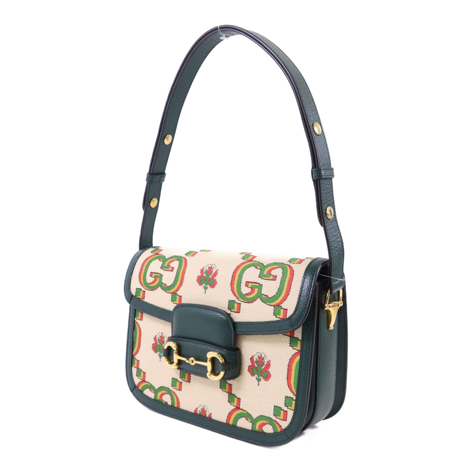 GUCCI 帆布Horsebit 1955 Medium金扣肩背袋