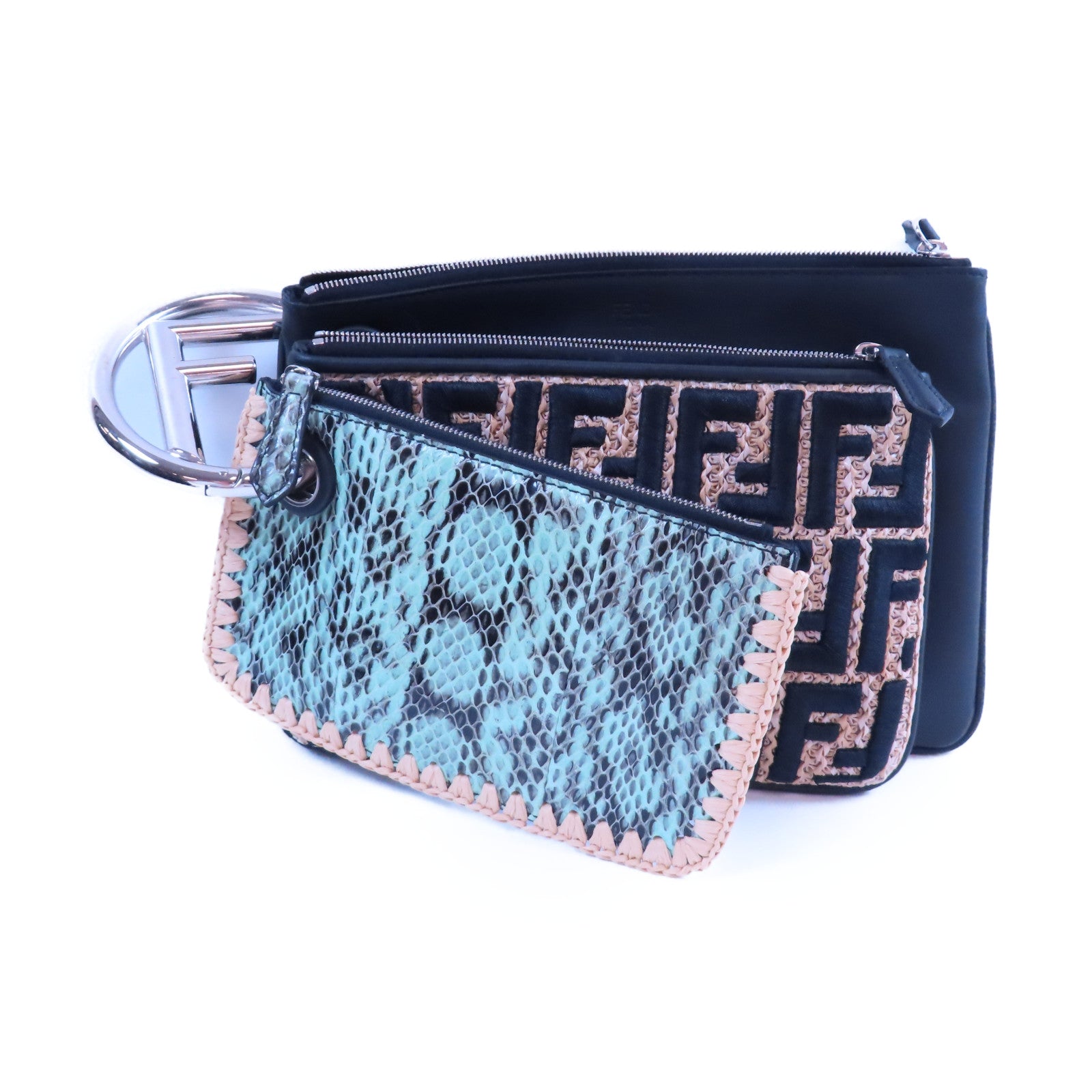 FENDI 牛皮皮革/蛇皮皮革Clutch金扣手拿包黑色