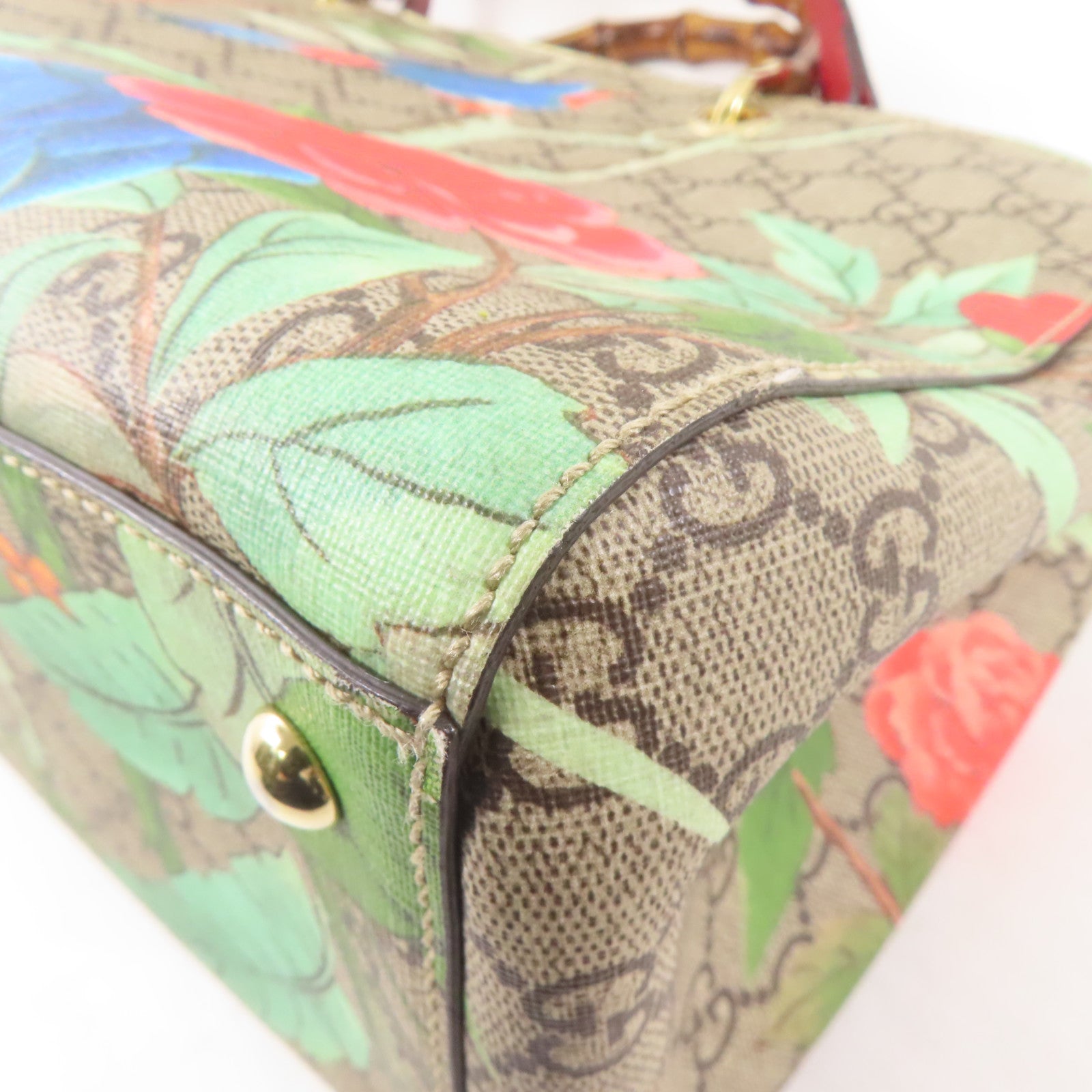 GUCCI 塗層帆布/皮革Bamboo Shopper金扣手挽肩背兩用袋棕色/紅色