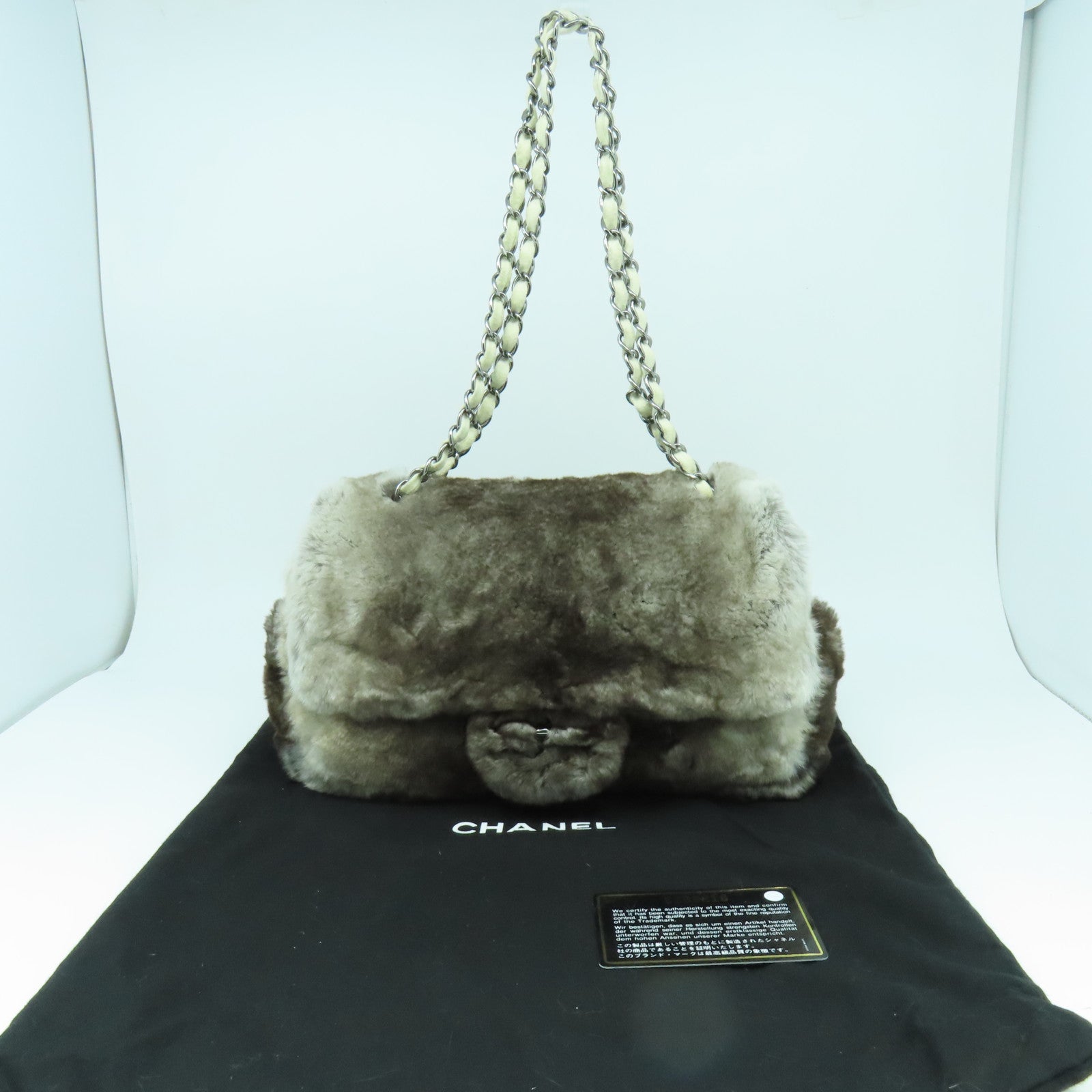 CHANEL 【激減優惠】Fur Chain Shoulder Bag銀扣鏈帶肩背袋啡色/白色