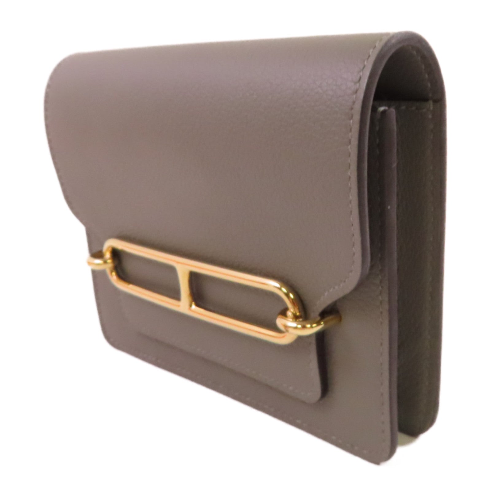 HERMES Evercolor皮革Roulis Slim Belt Wallet金扣短錢包Gris Meyer積雨雲灰色