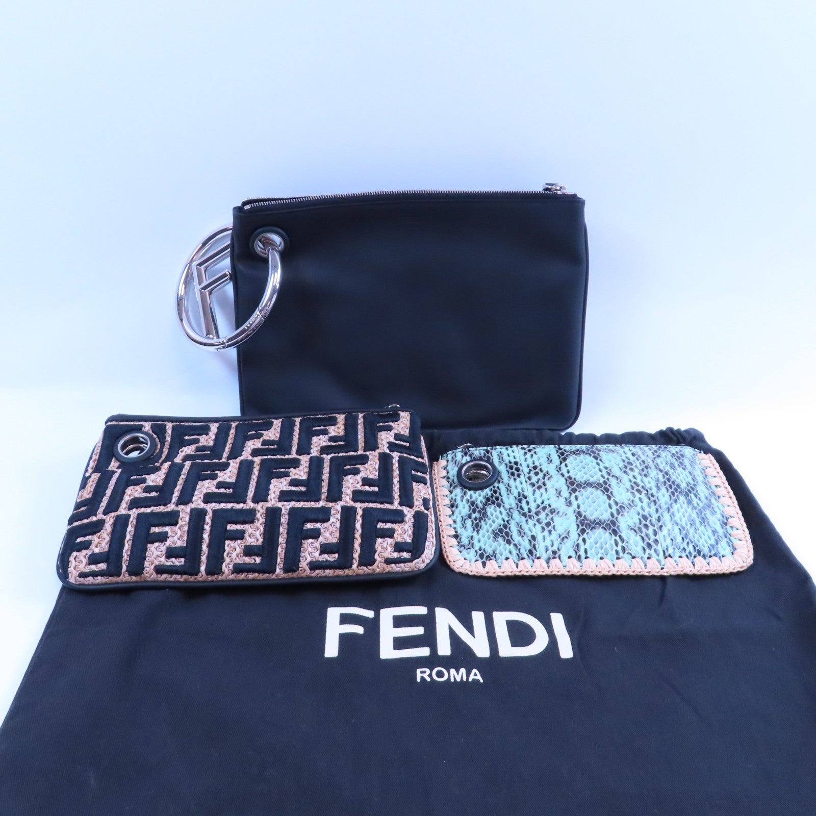 FENDI 牛皮皮革/蛇皮皮革Clutch金扣手拿包黑色