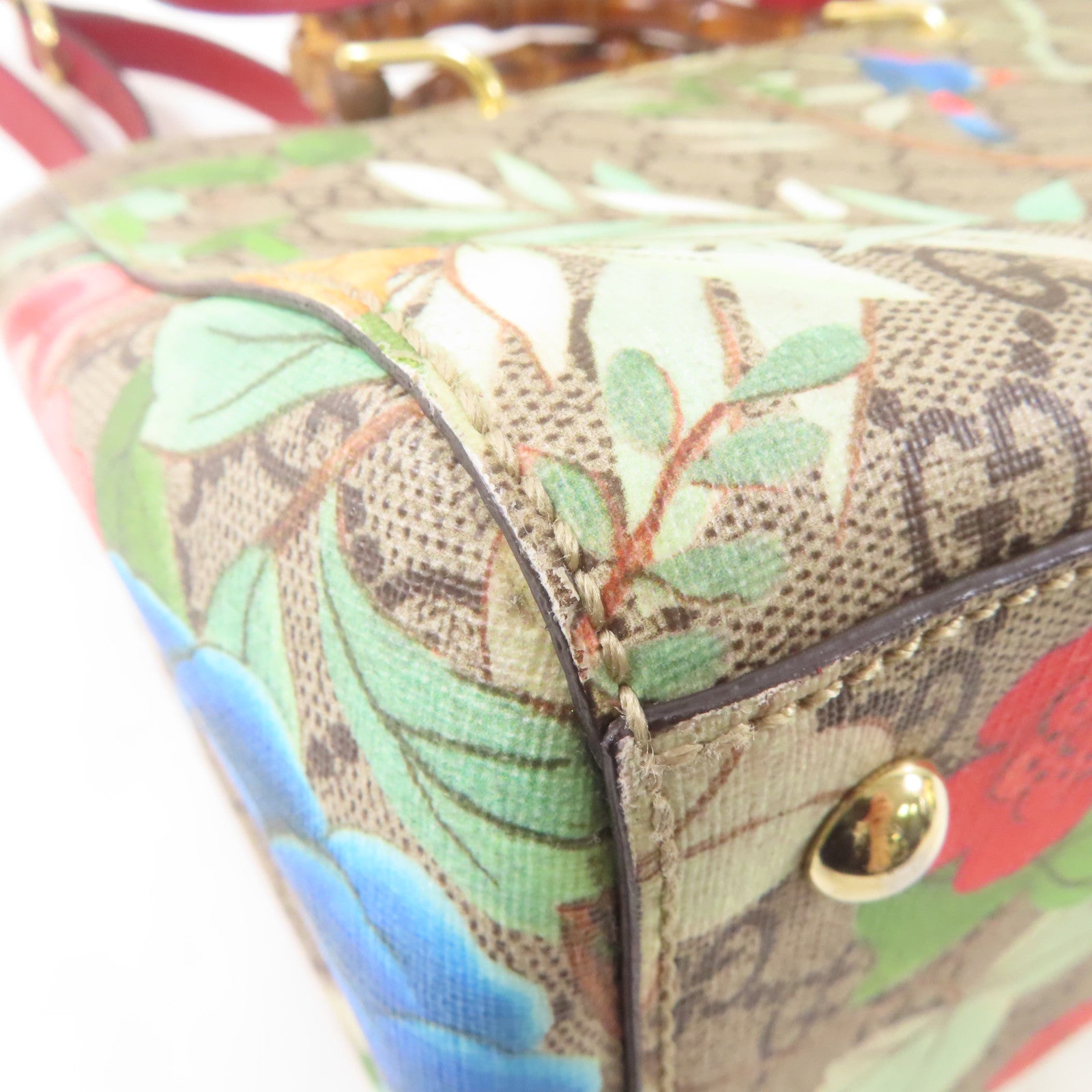 GUCCI 塗層帆布/皮革Bamboo Shopper金扣手挽肩背兩用袋棕色/紅色