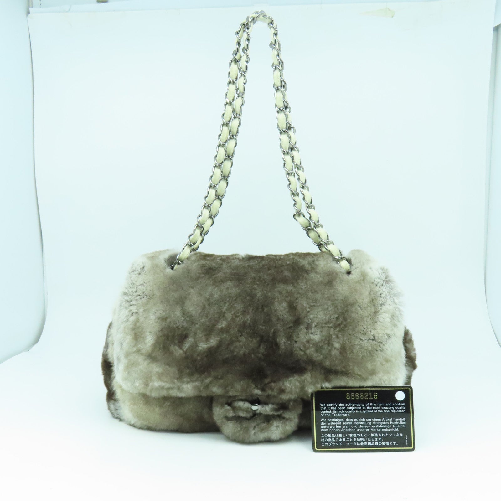 CHANEL 【激減優惠】Fur Chain Shoulder Bag銀扣鏈帶肩背袋啡色/白色