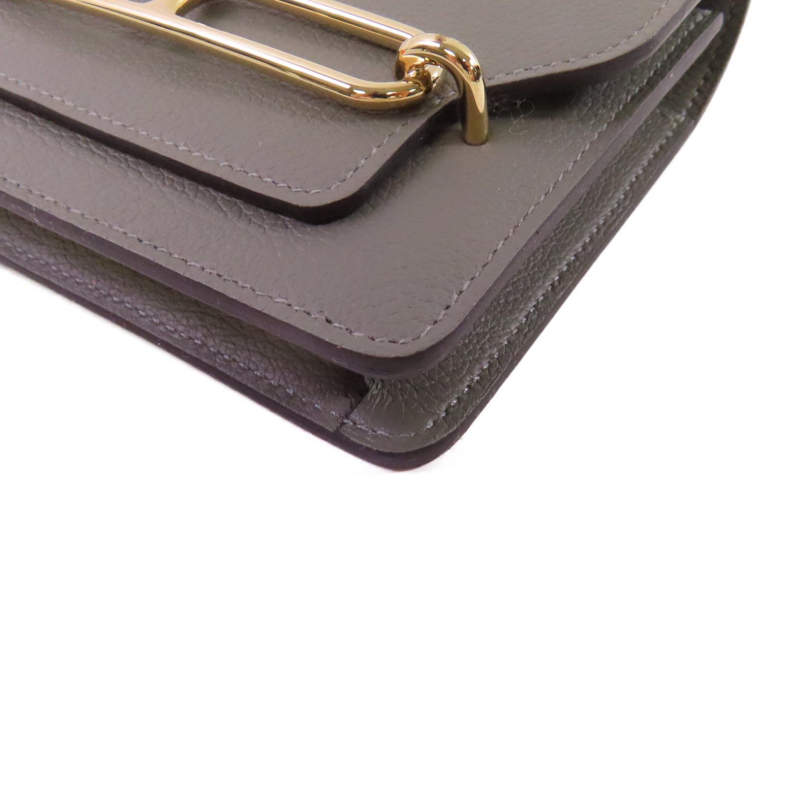 HERMES Evercolor皮革Roulis Slim Belt Wallet金扣短錢包Gris Meyer積雨雲灰色