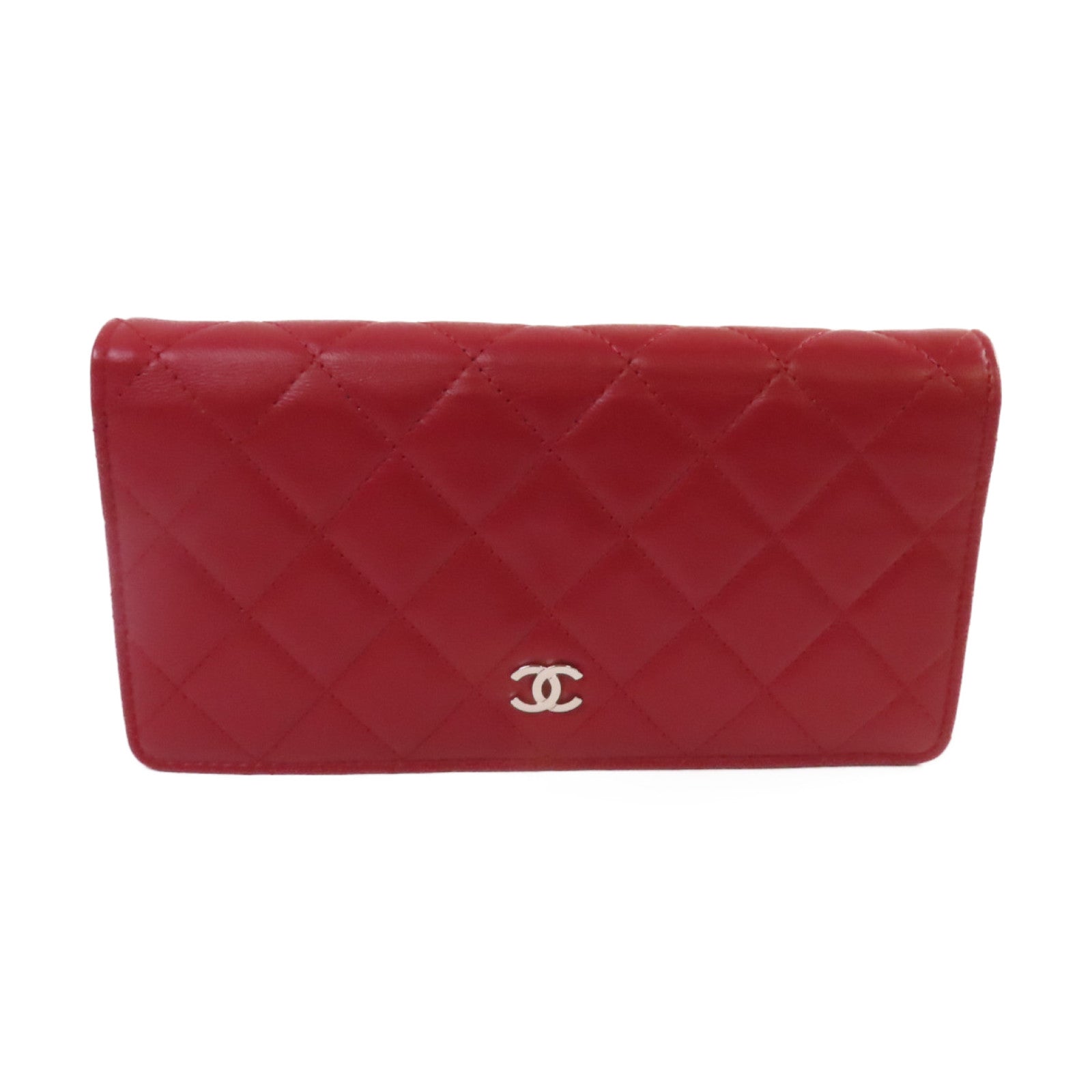 CHANEL 菱格羊皮皮革Long Wallet銀扣長錢包紅色