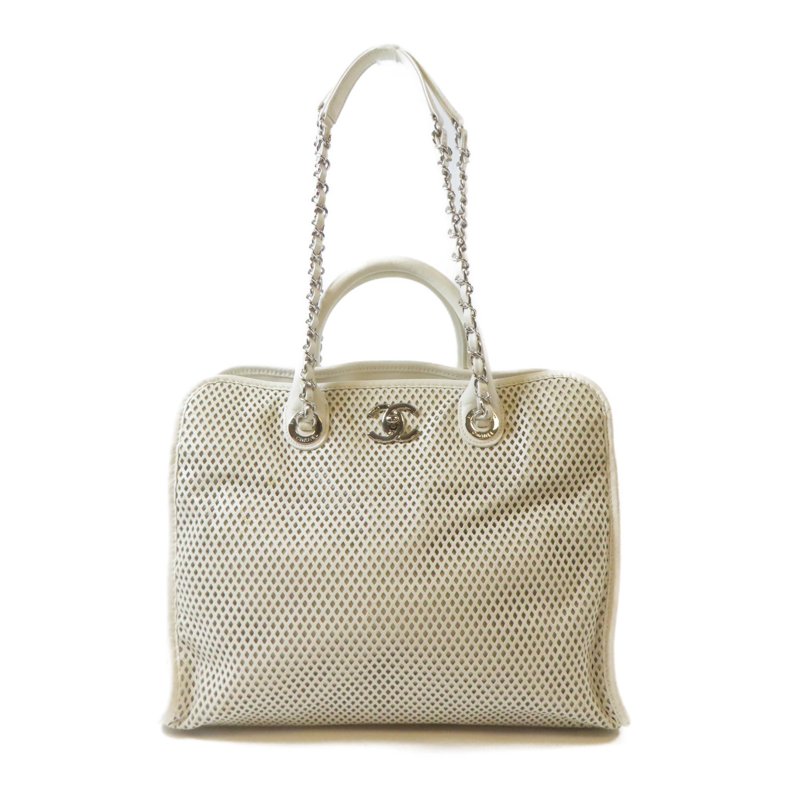 CHANEL 牛皮皮革Chain Shoulder Bag銀扣手挽肩背兩用袋白色