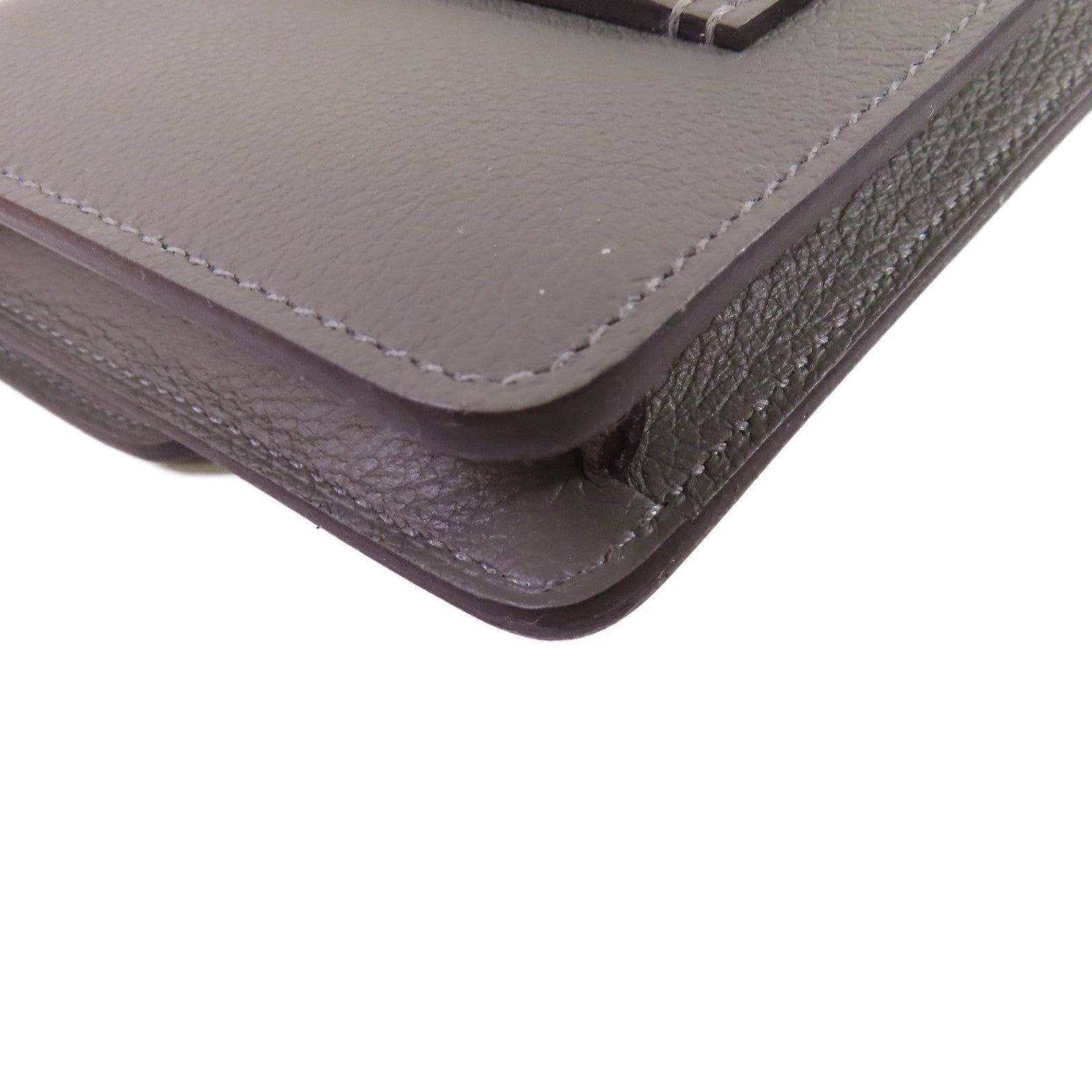 HERMES Evercolor皮革Roulis Slim Belt Wallet金扣短錢包Gris Meyer積雨雲灰色