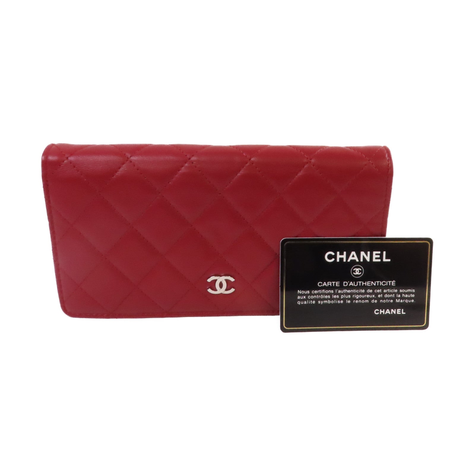 CHANEL 菱格羊皮皮革Long Wallet銀扣長錢包紅色