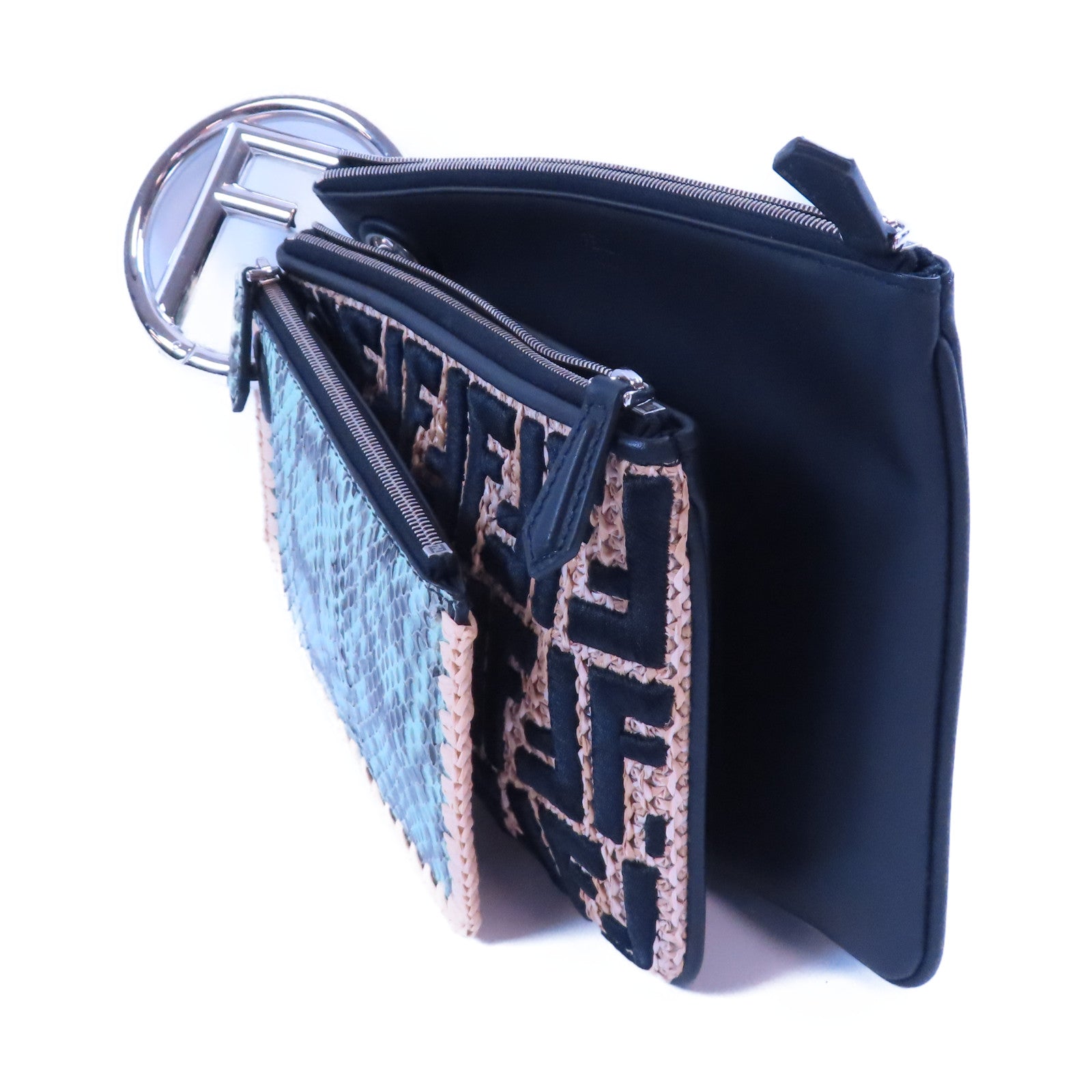 FENDI 牛皮皮革/蛇皮皮革Clutch金扣手拿包黑色
